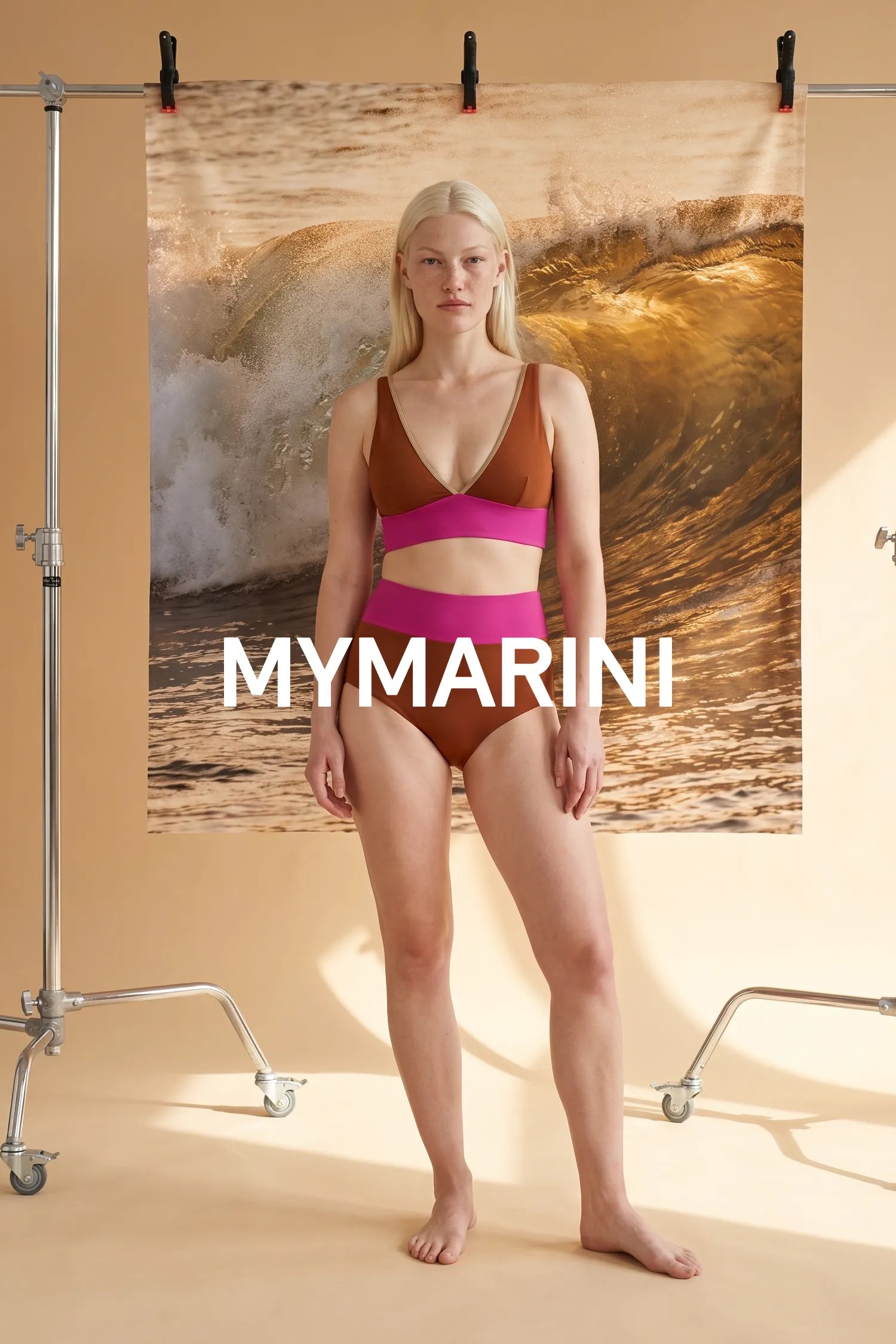 AI-generated, Model wearing the high-waist MYMARINI bikini in maroon-hortensia by a golden wave