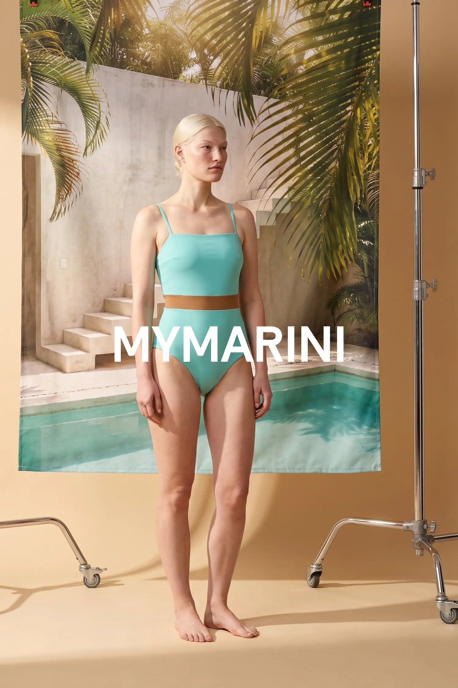 AI-generated, Model wearing the high-waist MYMARINI bikini in oak-eucalyptus by palms and a pool