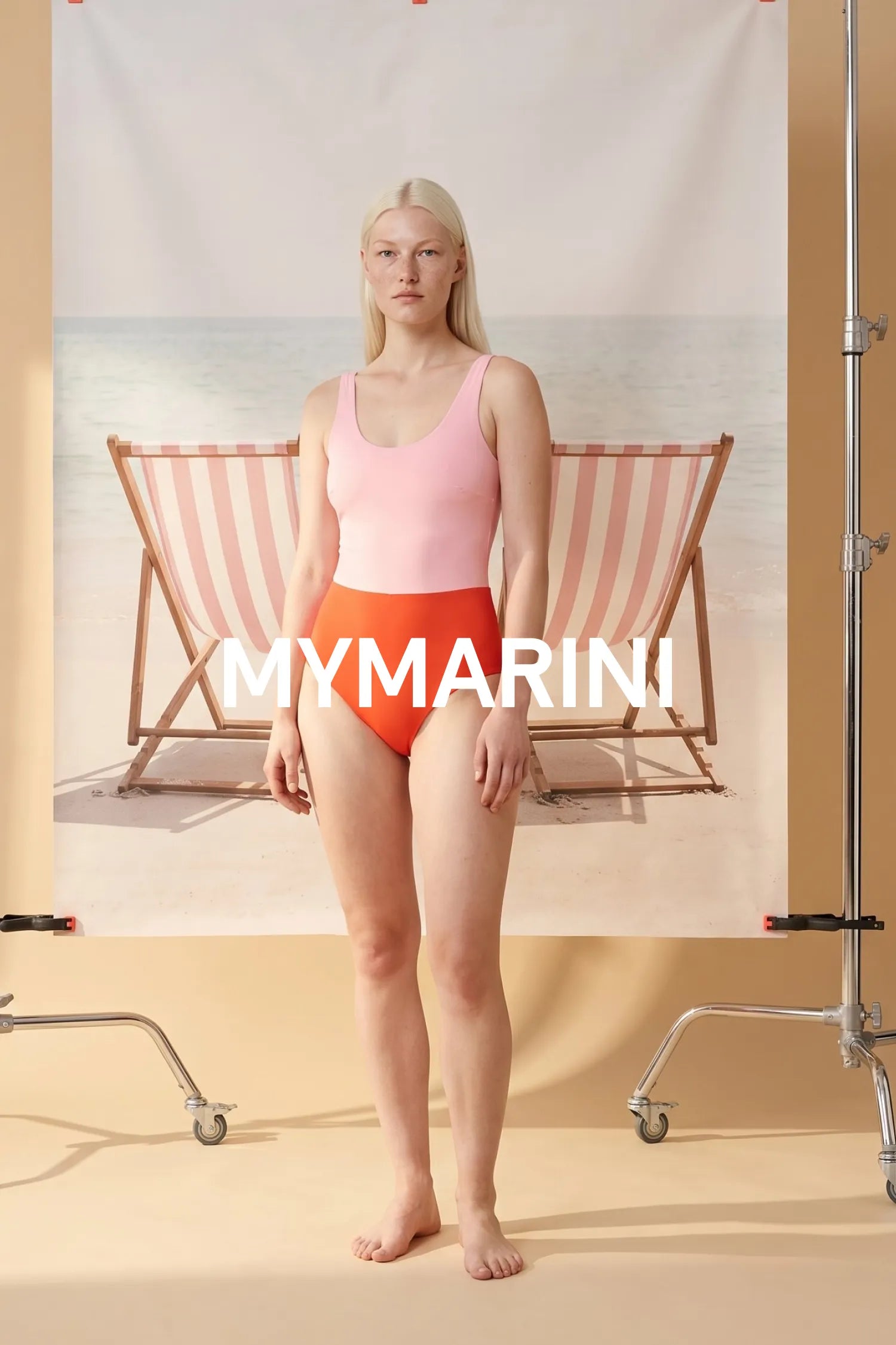 AI-generated, Model wearing the high-waist MYMARINI swimsuit in poppy-macaron by striped beach chairs