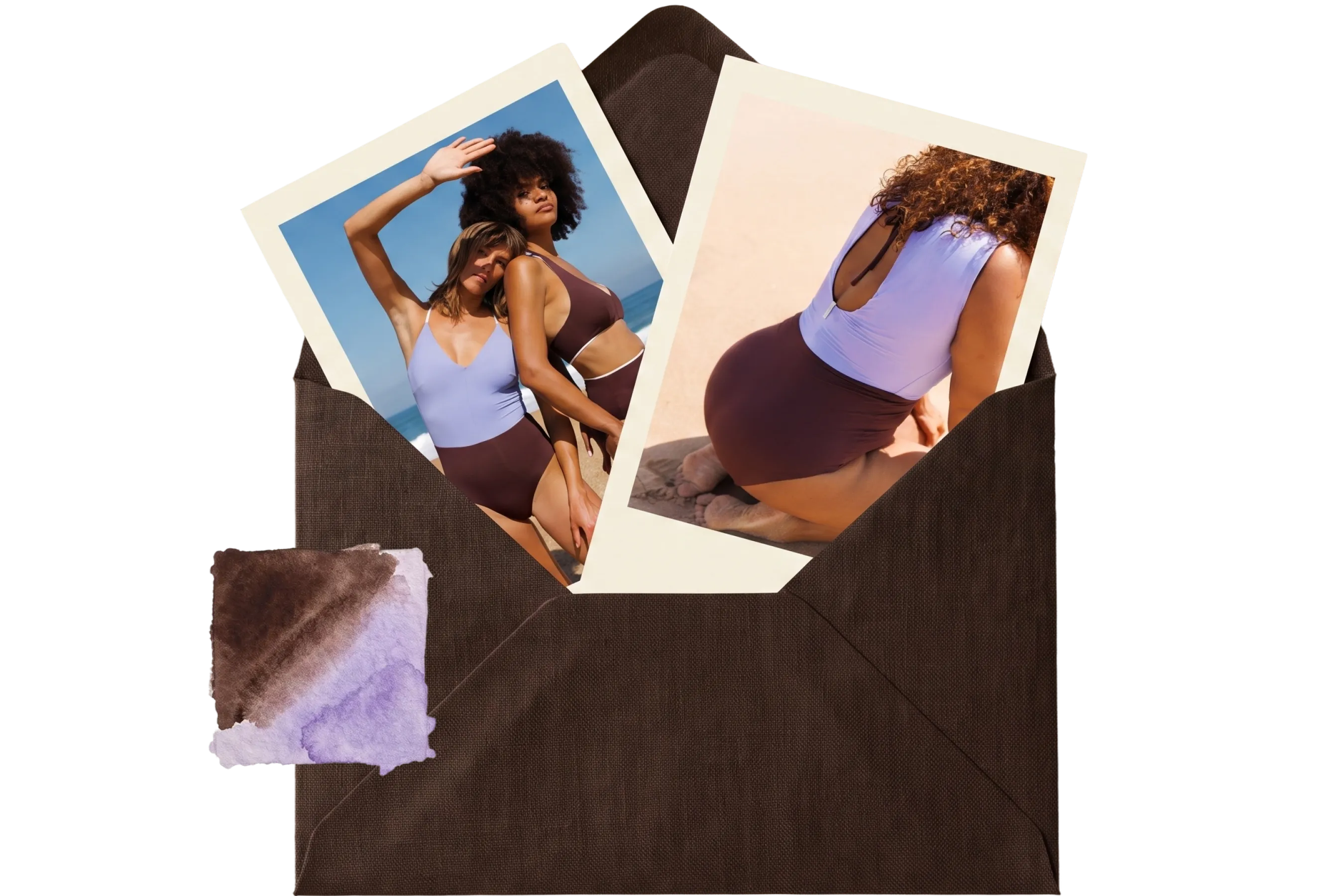 Moodboard for the chocolate-lilac palette with two women in lilac and chocolate swimsuits