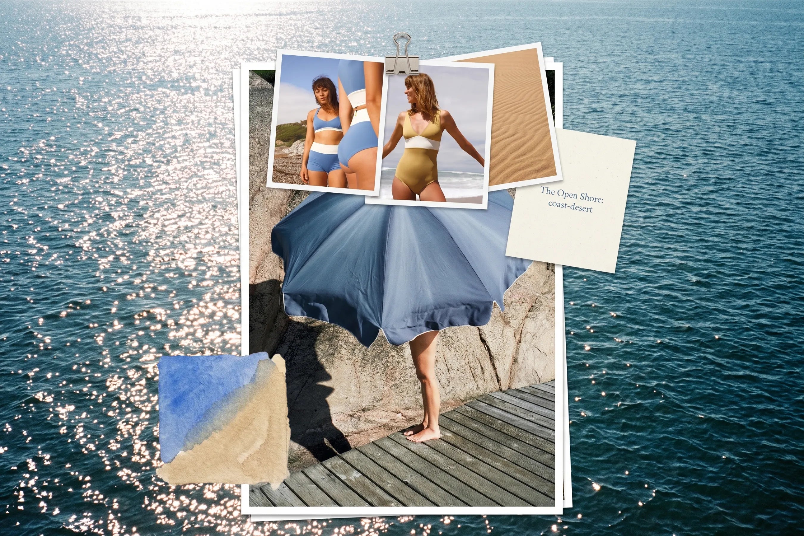Moodboard "The Open Shore" for the coast-desert palette with model shots, a parasol, and the sea