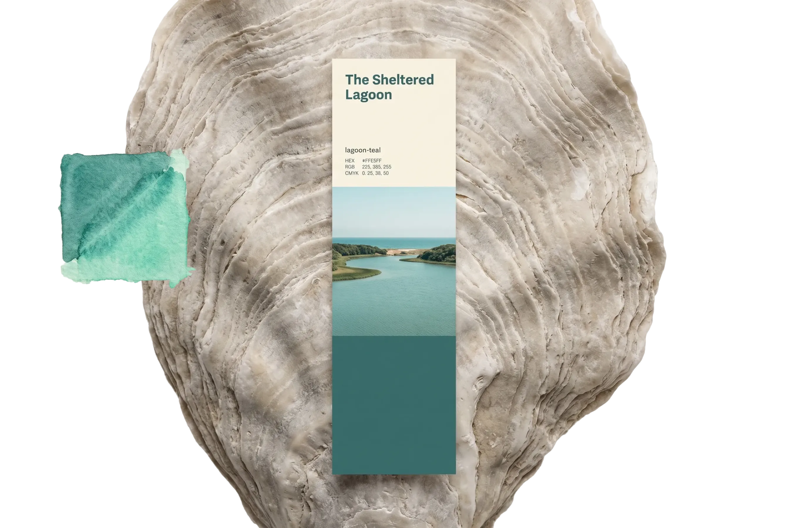 Moodboard "The Sheltered Lagoon" for the lagoon-teal palette with a color swatch and a lagoon photo