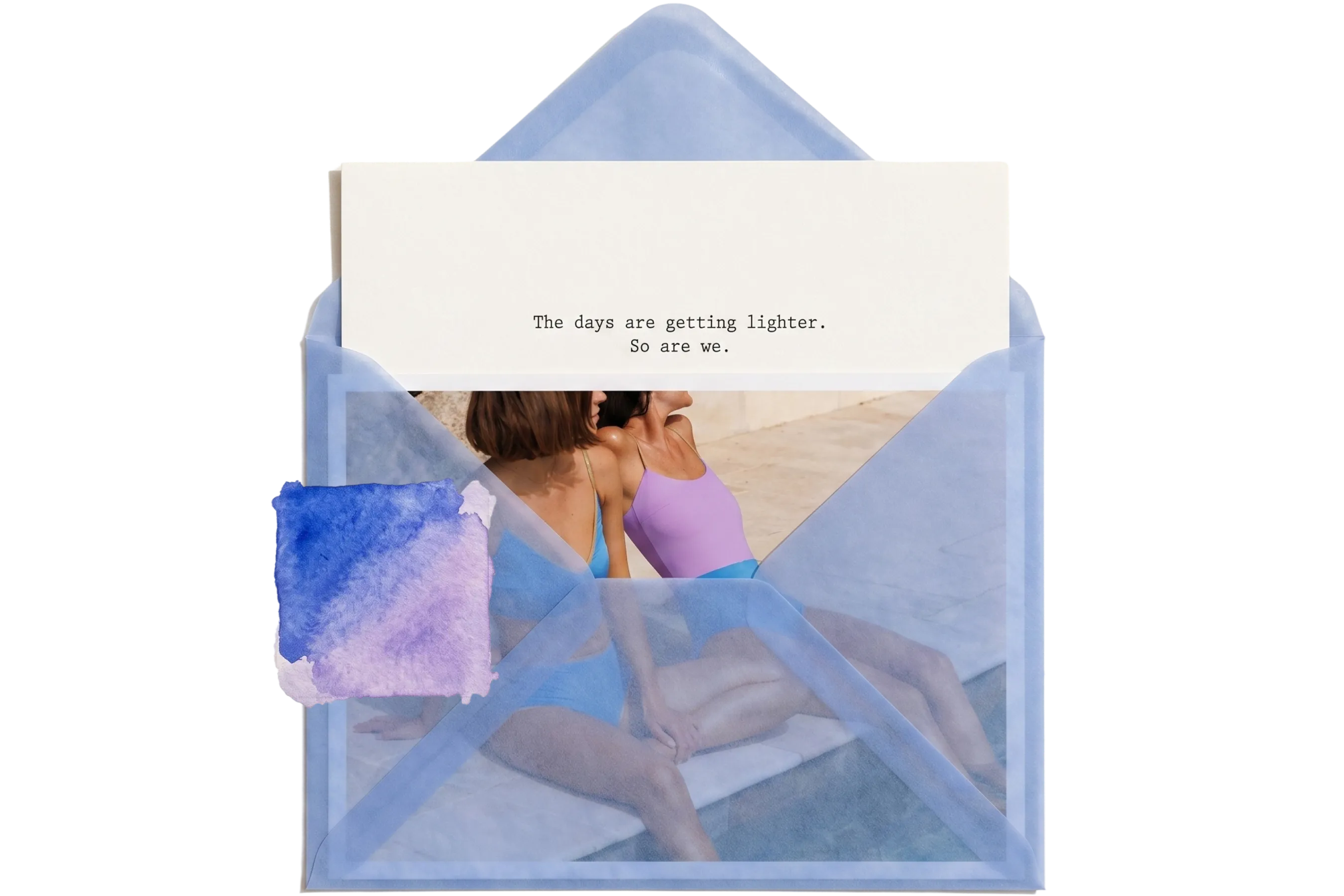 Moodboard for the lapis-lavender palette, blue envelope with a card and two women in swimsuits