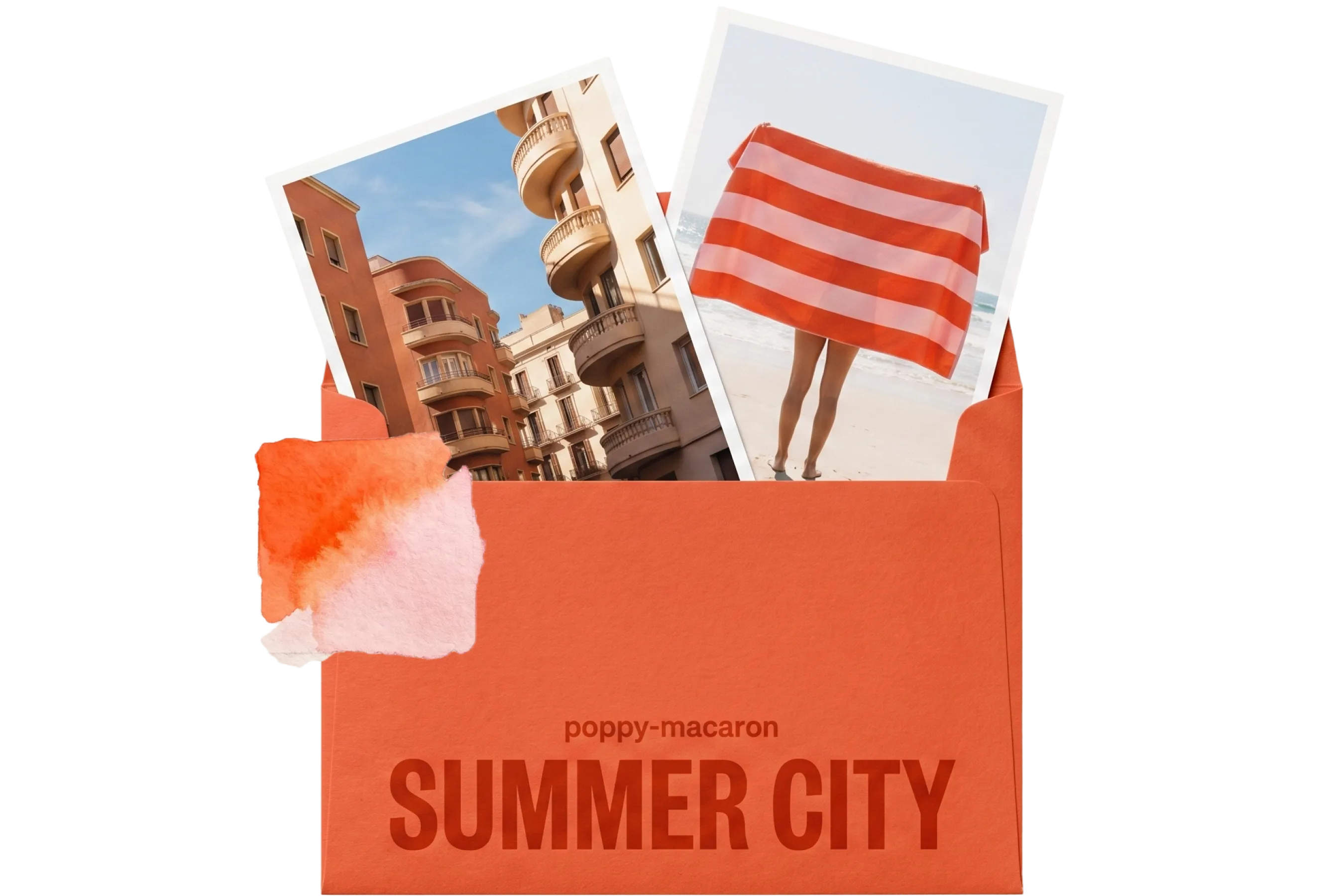 Moodboard "Summer City" for the poppy-macaron palette with a building facade and a striped towel