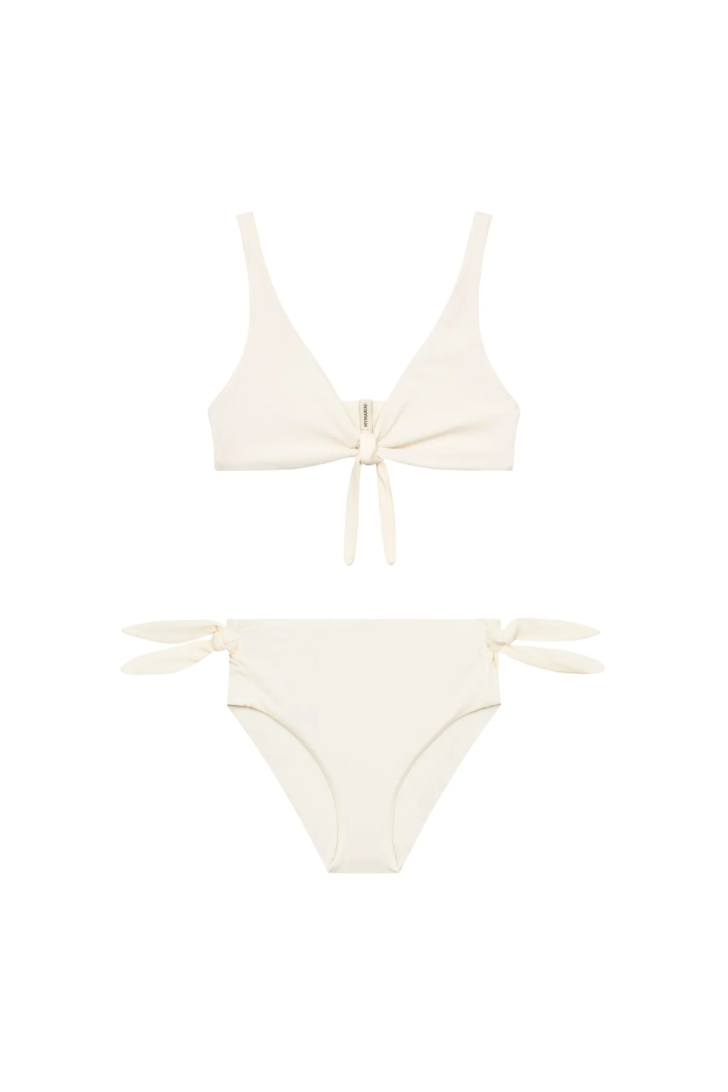 MYMARINI Bikinitop mit V-Ausschnitt und Spaghettiträgern sowie Bikinihose mit hoher Taille, einfarbig cremeweiß.