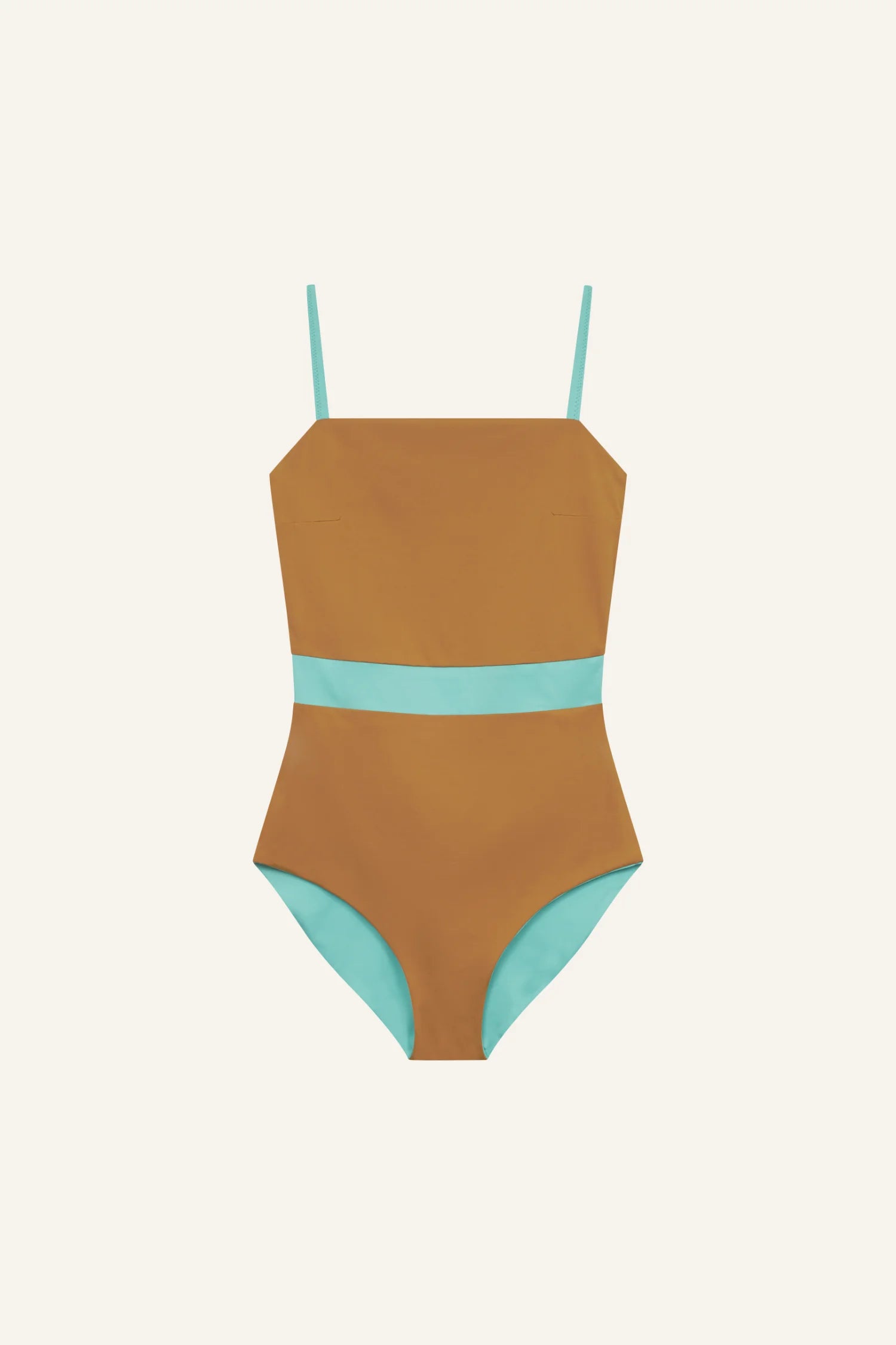 MYMARINI Badeanzug in braun mit hellblauem Taillengürtel und hellblauen Beinausschnitten, Spaghettiträger.#color_oak-eucalyptus