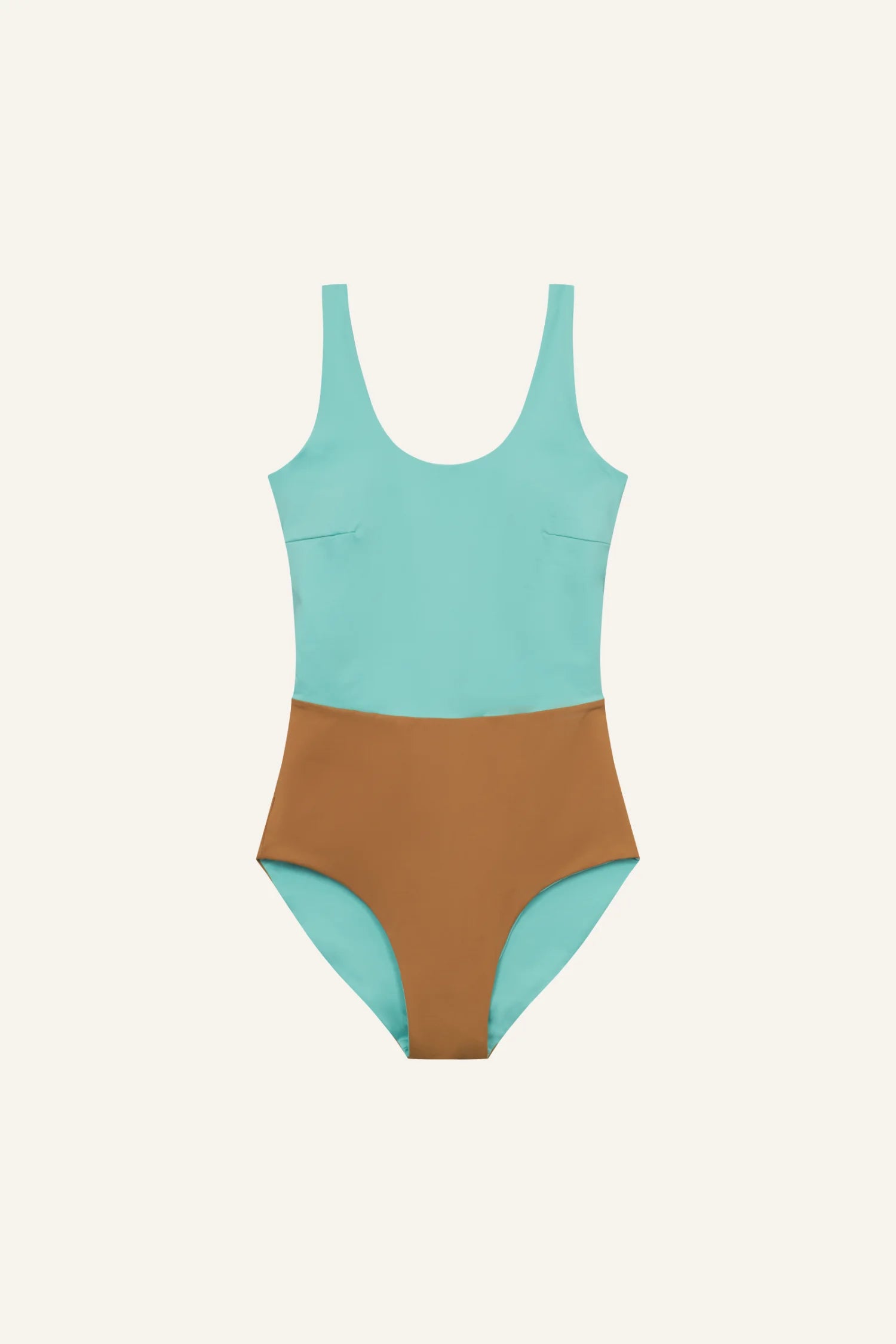 MYMARINI Einteiliger Badeanzug, türkis oben und braun unten; breite Träger, hoher Beinausschnitt.#color_oak-eucalyptus