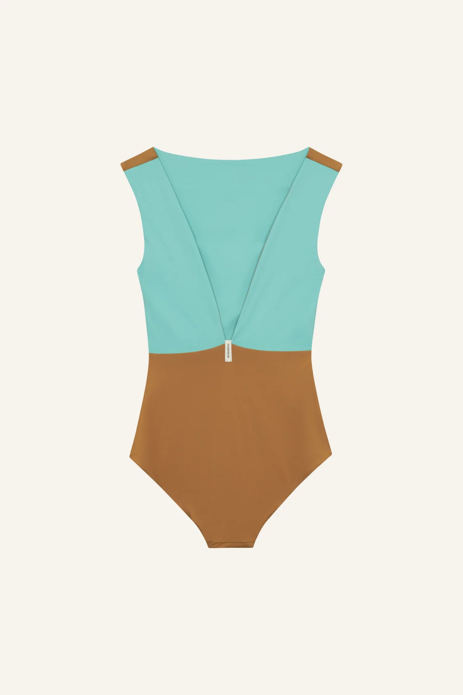 MYMARINI Einteiliger Badeanzug, Türkis oben, Braun unten, tiefer Rücken mit Reißverschluss.#color_oak-eucalyptus