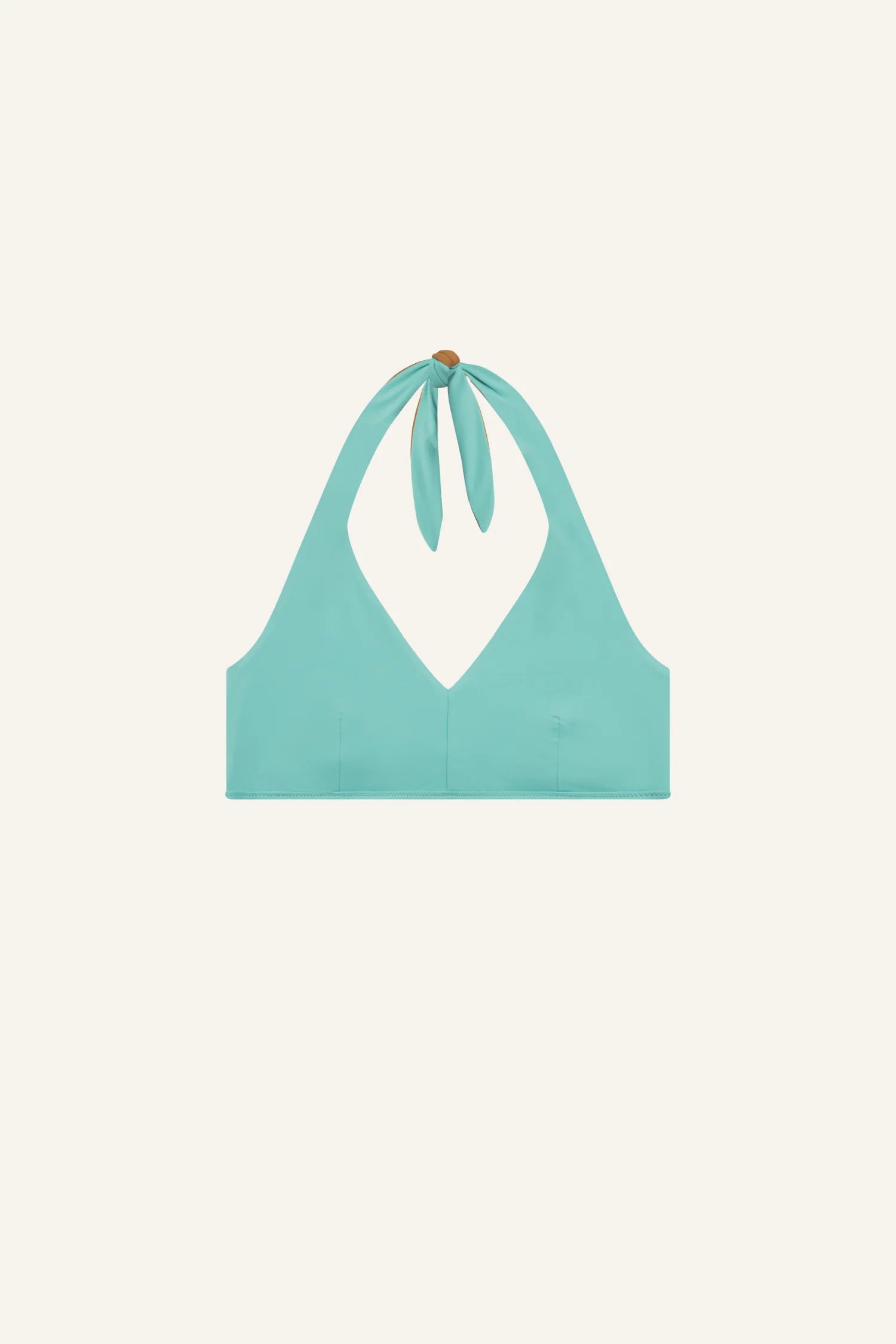 MYMARINI Bikini-Top in Türkis, Neckholder mit Bindeband, glatter Stoff, V-Ausschnitt, vor hellem Hintergrund.#color_oak-eucalyptus