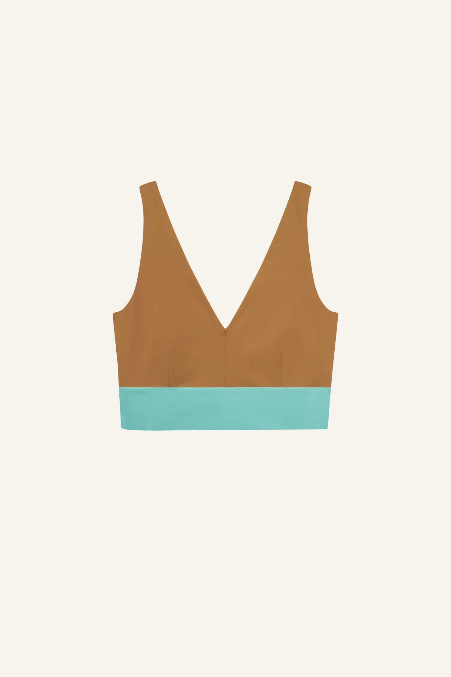 MYMARINI Bikinitop braun mit türkisblaubenem Bündchen, Zwei-Ton-Design, V-Ausschnitt, breite Träger.#color_oak-eucalyptus