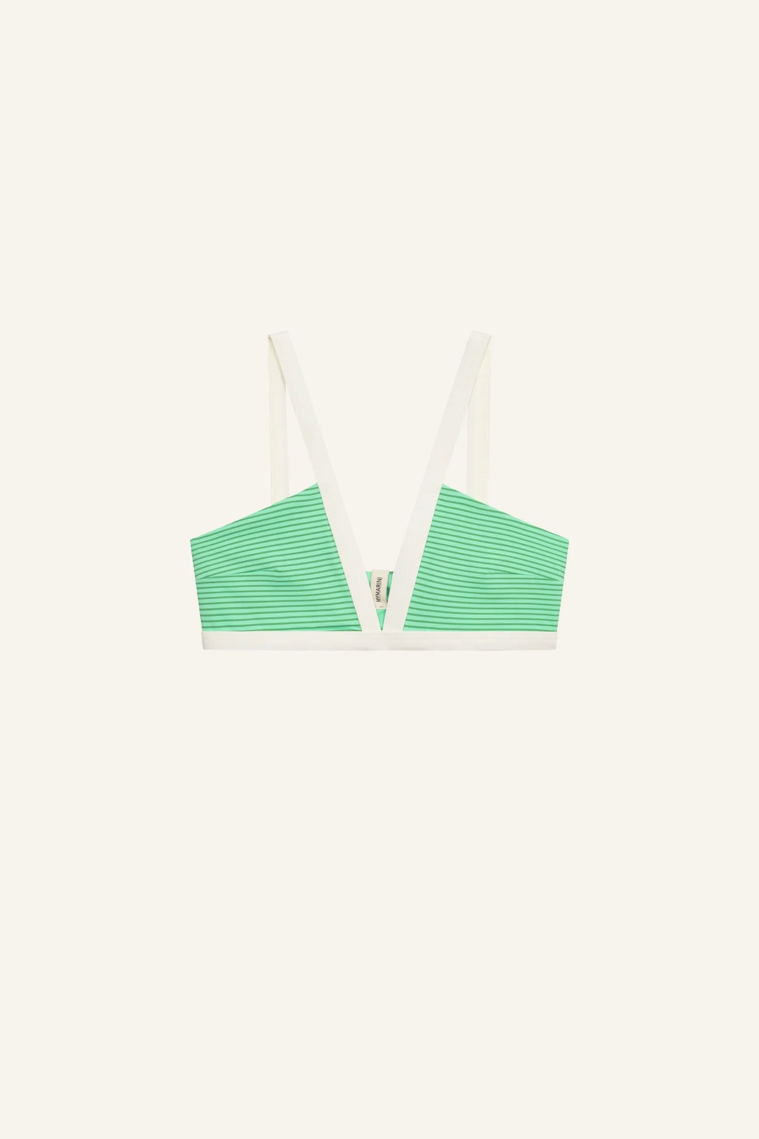Grünes Bikinitop von MYMARINI mit V-Ausschnitt und breiten Trägern vor hellem Hintergrund.#color_tonic-striped