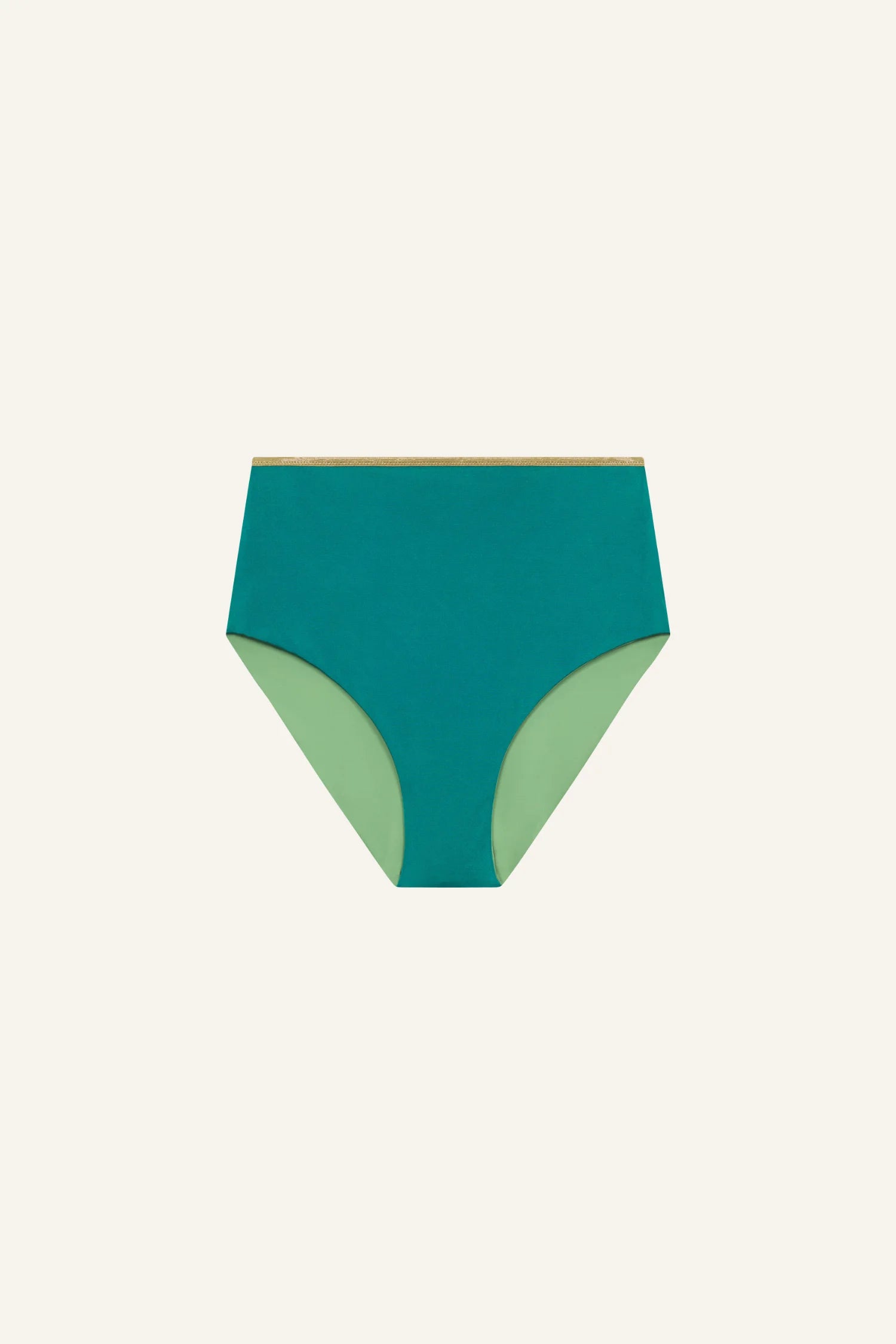 MYMARINI Bikinihose, High waist, in Teal mit grünem Innenfutter, von vorne sichtbar.#color_pine-basil