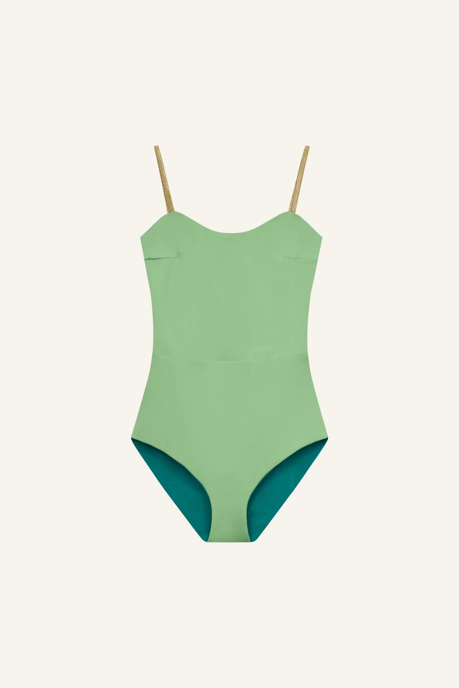 MYMARINI One-Piece Badeanzug in hellgrün mit goldenen Spaghettiträgern, Frontansicht.#color_pine-basil