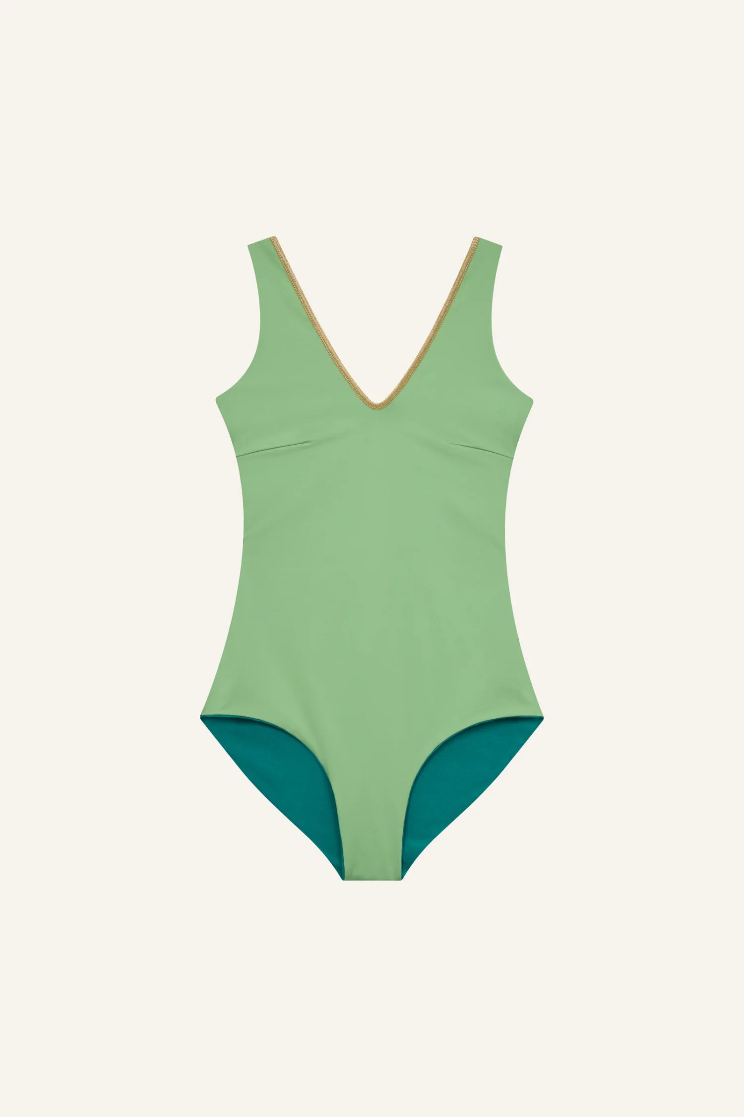 MYMARINI One-Piece Badeanzug in Hellgrün, goldene V-Ausschnitt-Verzierung; breite Träger, dunkler Beinausschnitt.#color_pine-basil