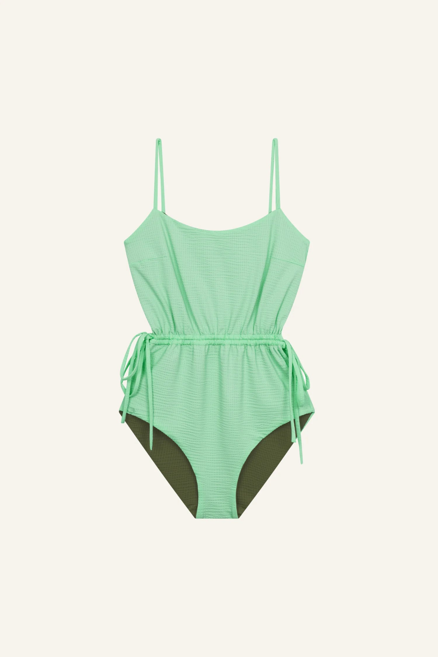 MYMARINI Badeanzug in Mintgrün mit Spaghettiträgern und hohem Beinausschnitt, seitlich verstellbar.#color_lagoon-seaweed