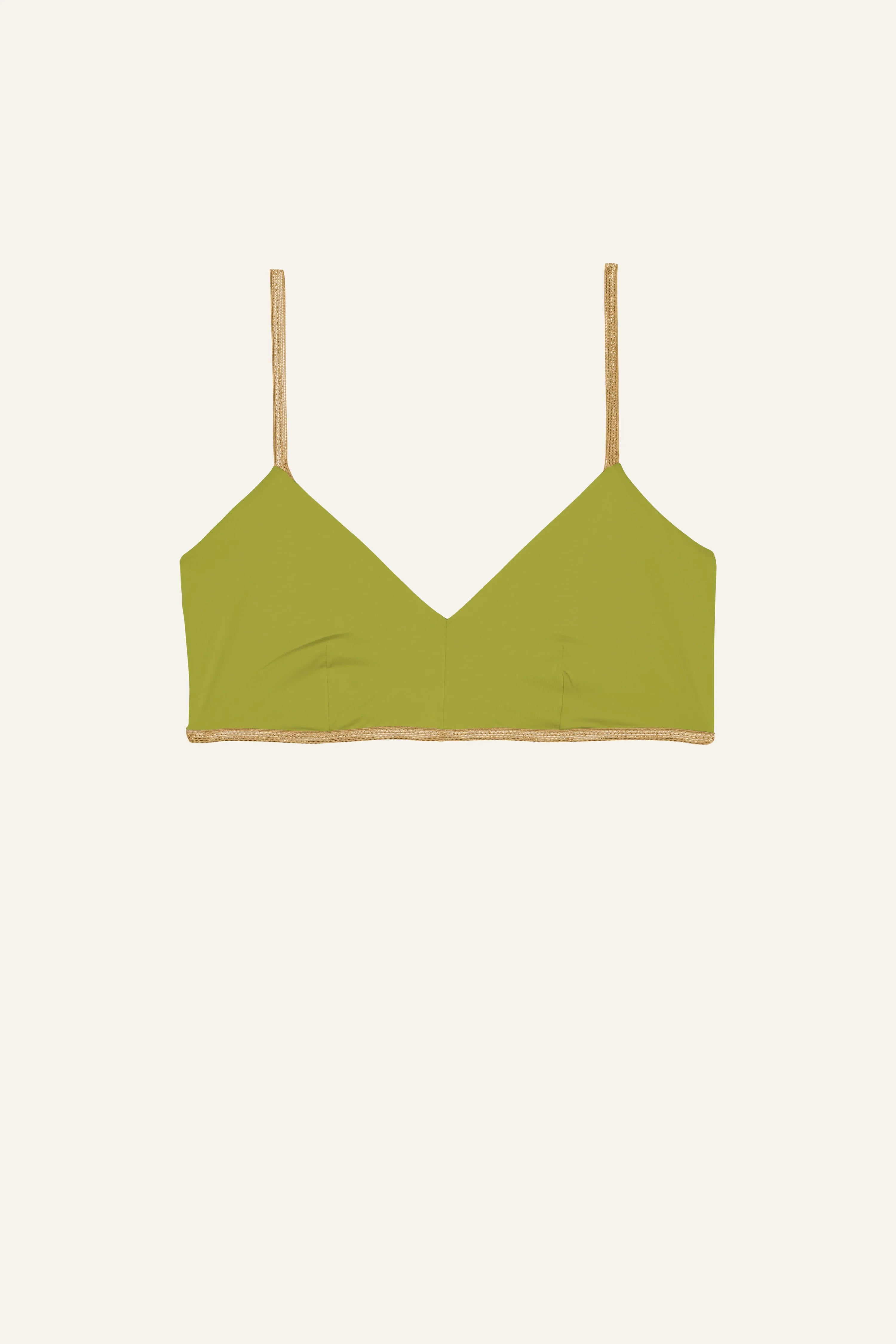 MYMARINI Bikinitop in Olivgrün mit V-Ausschnitt und Spaghettiträgern auf hellem Hintergrund.#color_apple-leaves