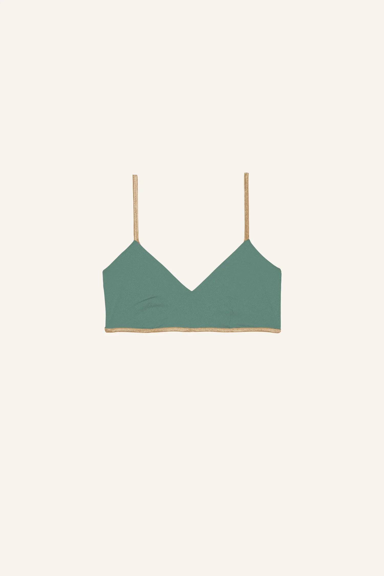 MYMARINI Bikinitop mit V-Ausschnitt und Spaghettiträgern in Grün auf hellem Hintergrund.#color_lagoon-teal