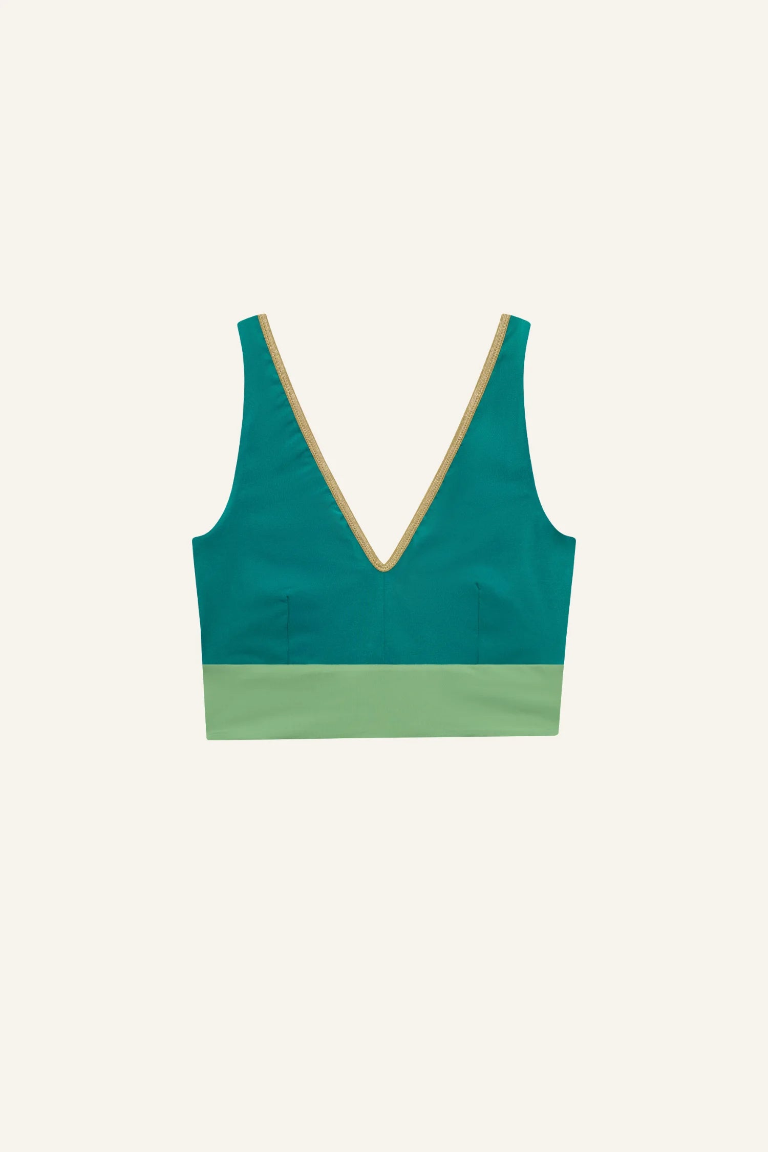 MYMARINI Bikinitop in Teal mit hellgrüner Unterkante, V-Ausschnitt, Farbblock-Design.#color_pine-basil