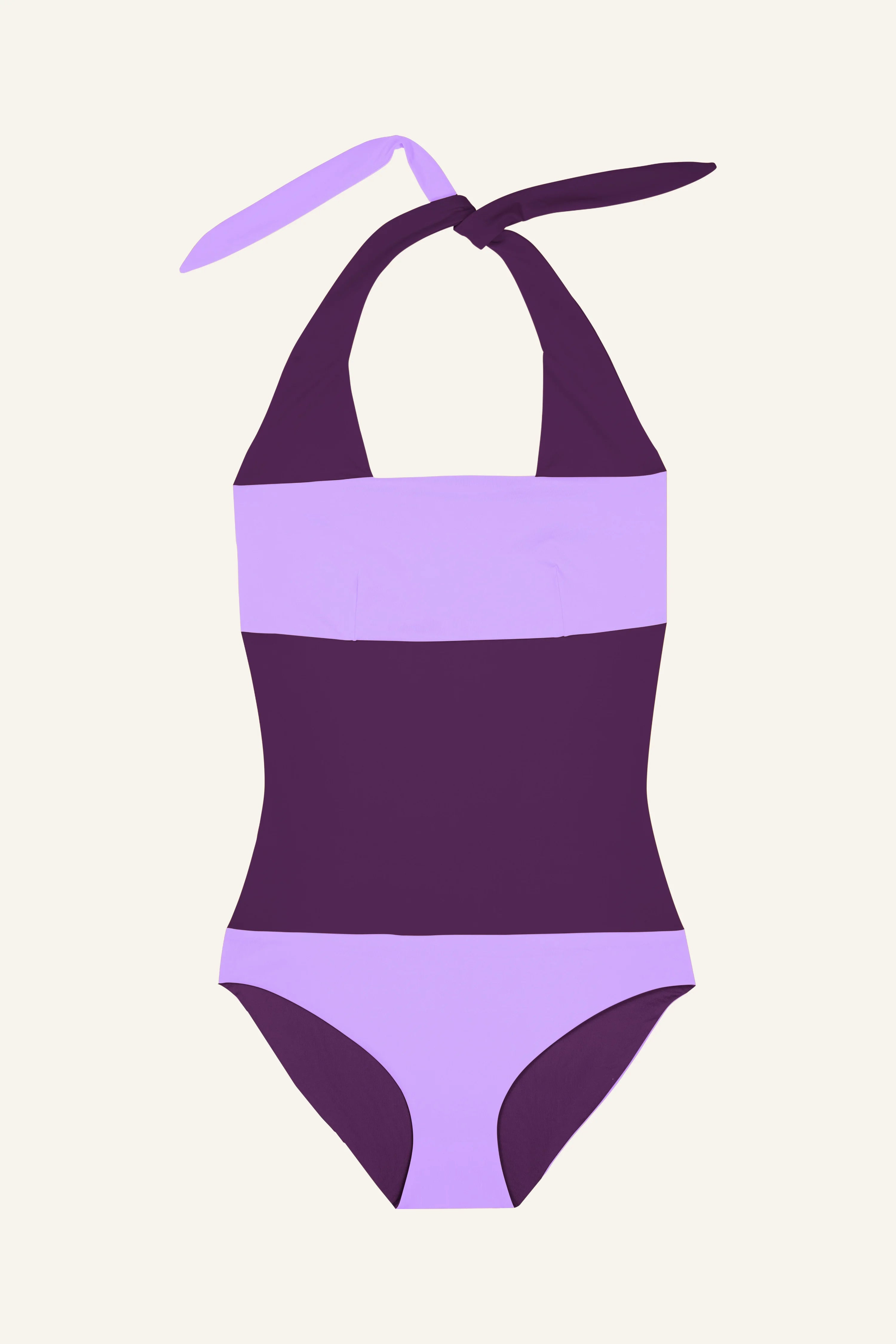 Lila MYMARINI Neckholder-One-Piece mit hohem Beinausschnitt auf hellem Hintergrund.#color_lavender-plum