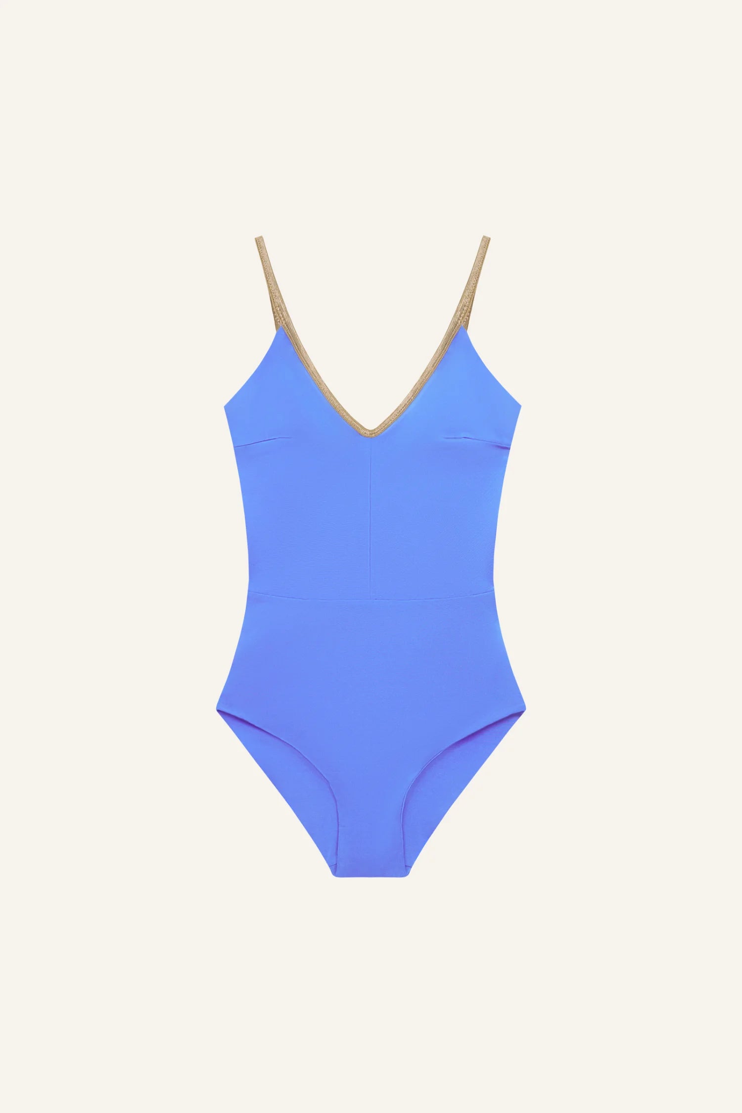 MYMARINI One-Piece-Badeanzug in Blau mit goldenen Trägern, tiefer V-Ausschnitt, hoher Beinausschnitt.#color_lapis-lavender