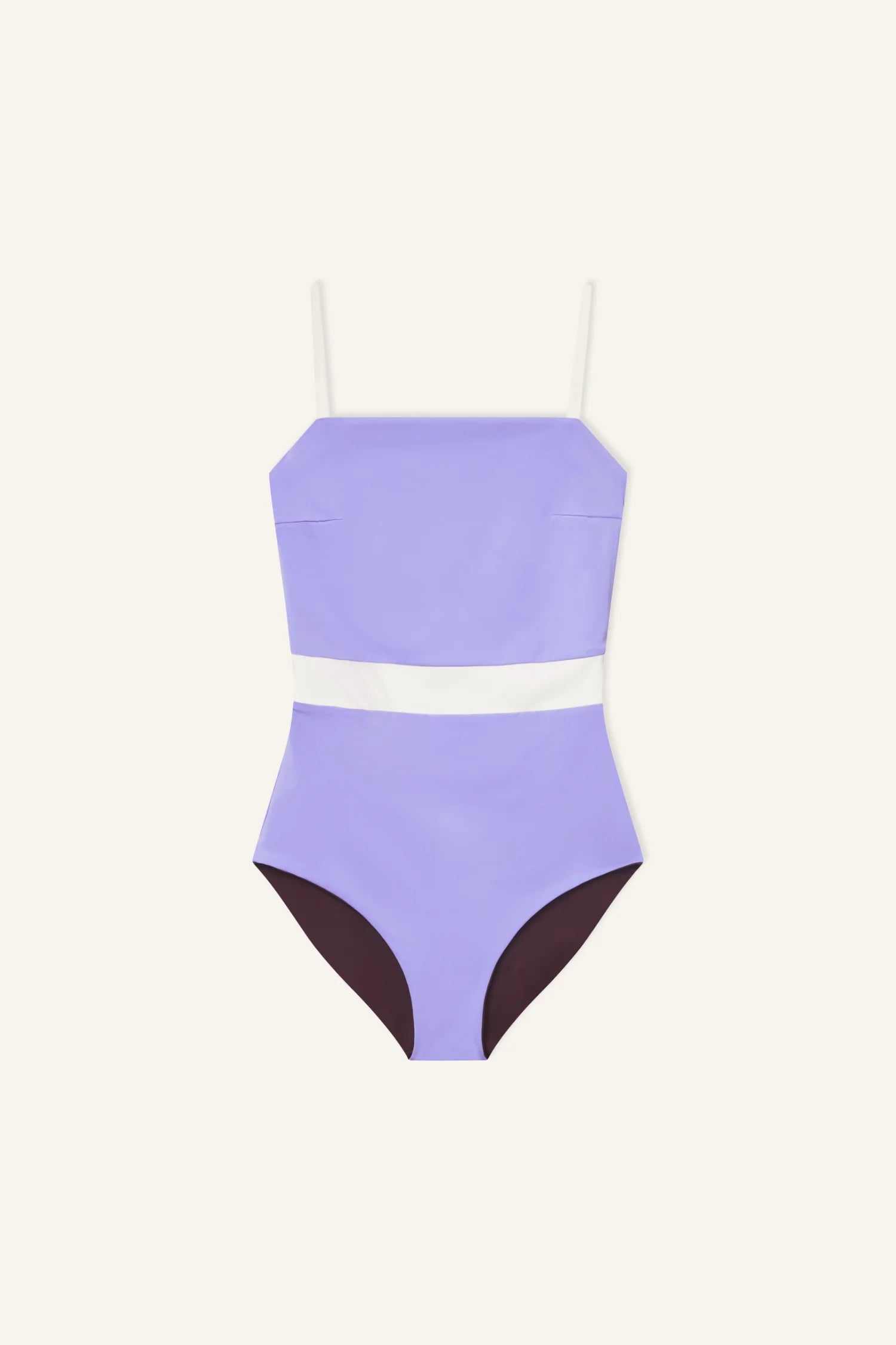 MYMARINI One-Piece Badeanzug in Flieder mit weißem Mittelstreifen; Spaghettiträger, sichtbare Vorderseite.#color_chocolate-lilac