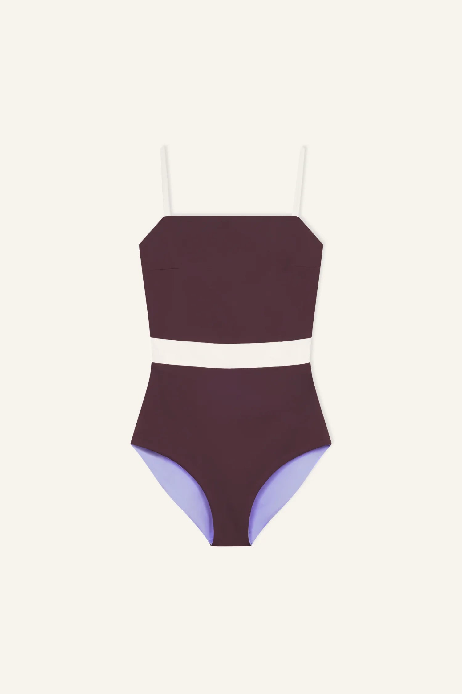 MYMARINI One-Piece Badeanzug in Dunkelrot mit weißem Taillenband, violette Beininnenbereiche; Spaghettiträger, Vorderansicht.#color_chocolate-lilac