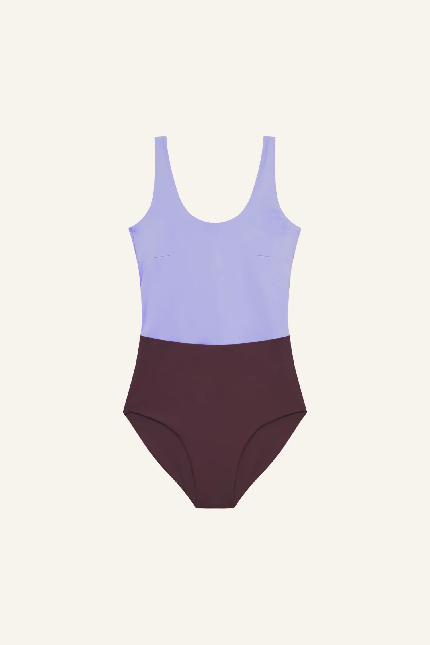 MYMARINI One-Piece Badeanzug in zweifarbigem Blockdesign: helllila oben, weinrot unten, breite Träger.#color_chocolate-lilac