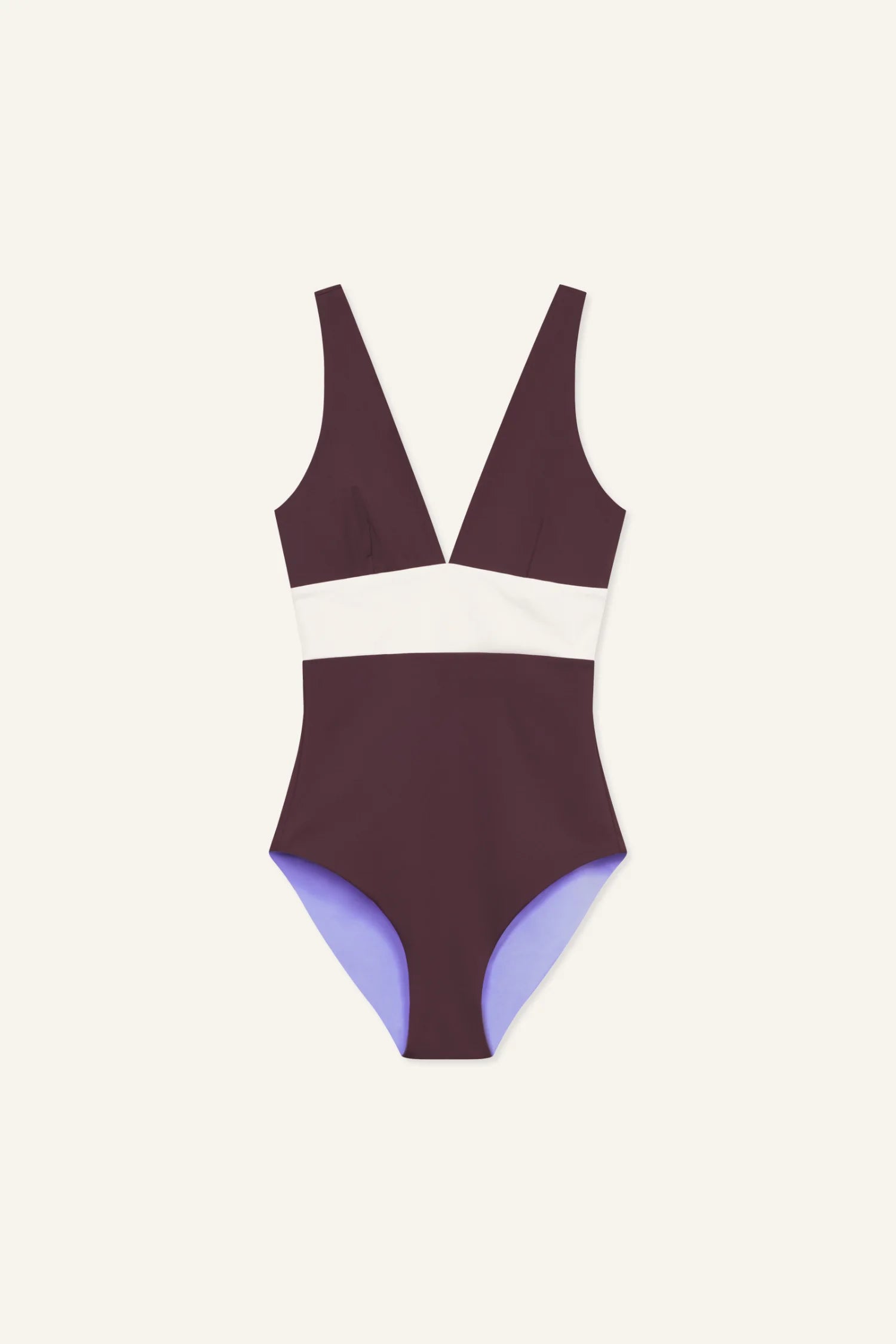 MYMARINI Badeanzug burgunderrot mit weißem Band, tiefer V-Ausschnitt, breite Träger, lilafarbene Beinausschnitte.#color_chocolate-lilac