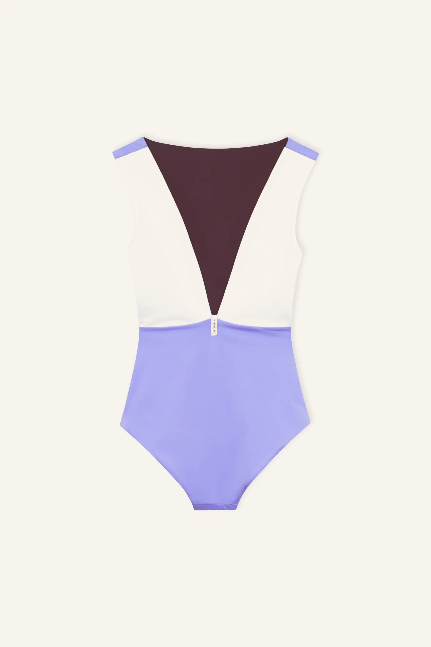 MYMARINI One-Piece-Swimwear: Rücken mit tiefem V-Ausschnitt, weiße Seiten, burgunderfarbener Mittelstreifen, lavendel unten.#color_chocolate-lilac