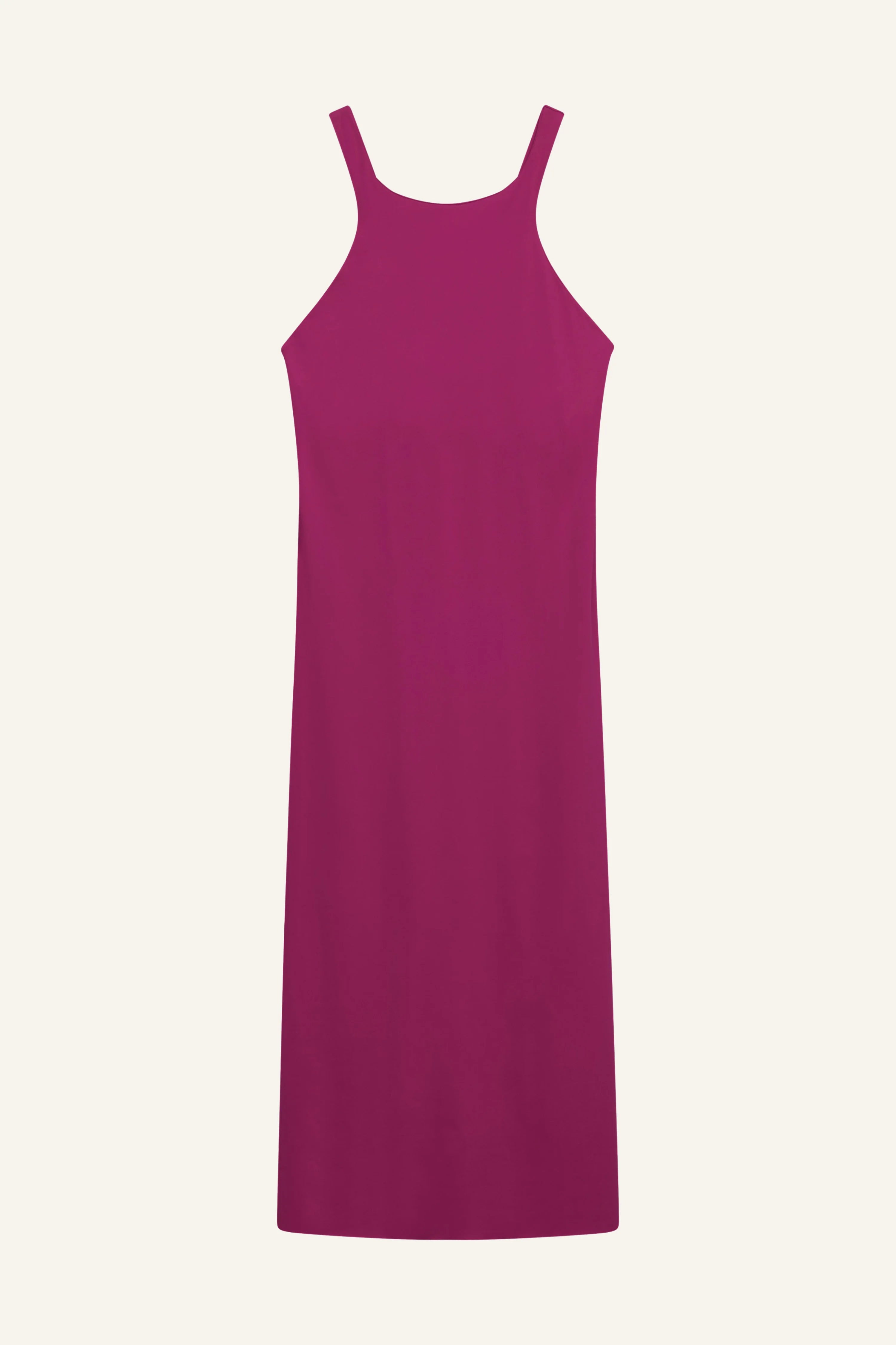 Ärmelloses Kleid von MYMARINI in kräftigem Pink mit schmalen Trägern, knielang.#color_hortensia