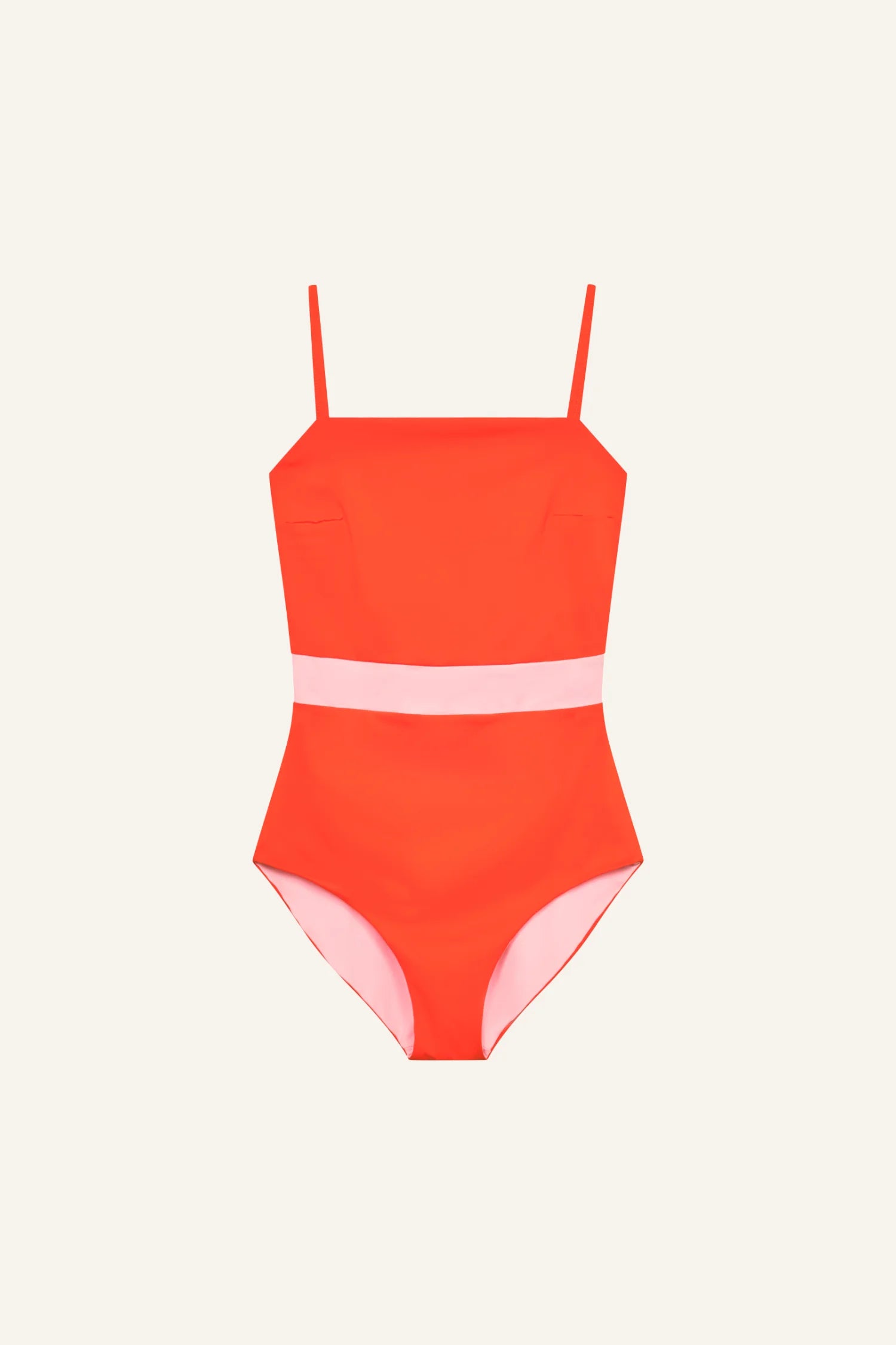 MYMARINI One-Piece-Badeanzug: neonorange mit rosa Taillenband, Spaghettiträger, Frontansicht.#color_poppy-macaron