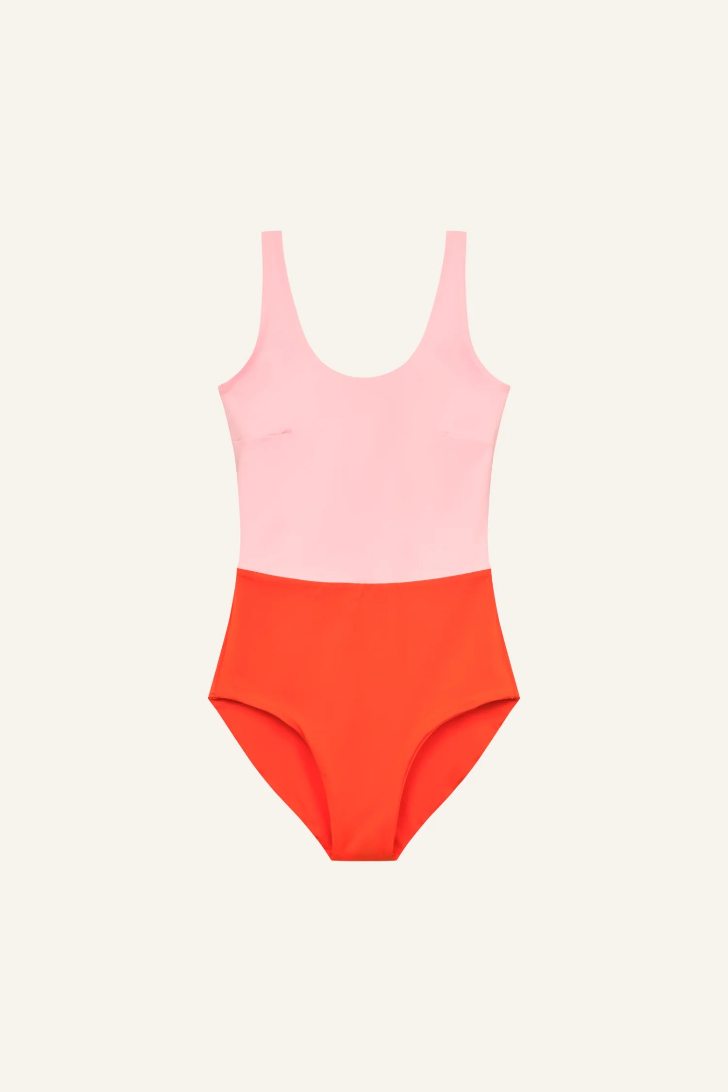 MYMARINI One-PPiece Badeanzug, pinkes Oberteil und oranges Unterteil, breite Träger; Farbblock-Design.#color_poppy-macaron