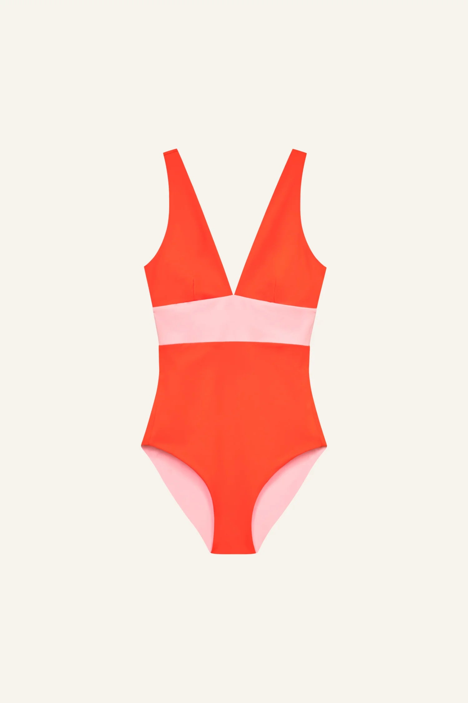 MYMARINI Einteiliger Badeanzug, roter Oberteil mit hellrosa Band, tiefer V-Ausschnitt, hohe Beinausschnitte.#color_poppy-macaron