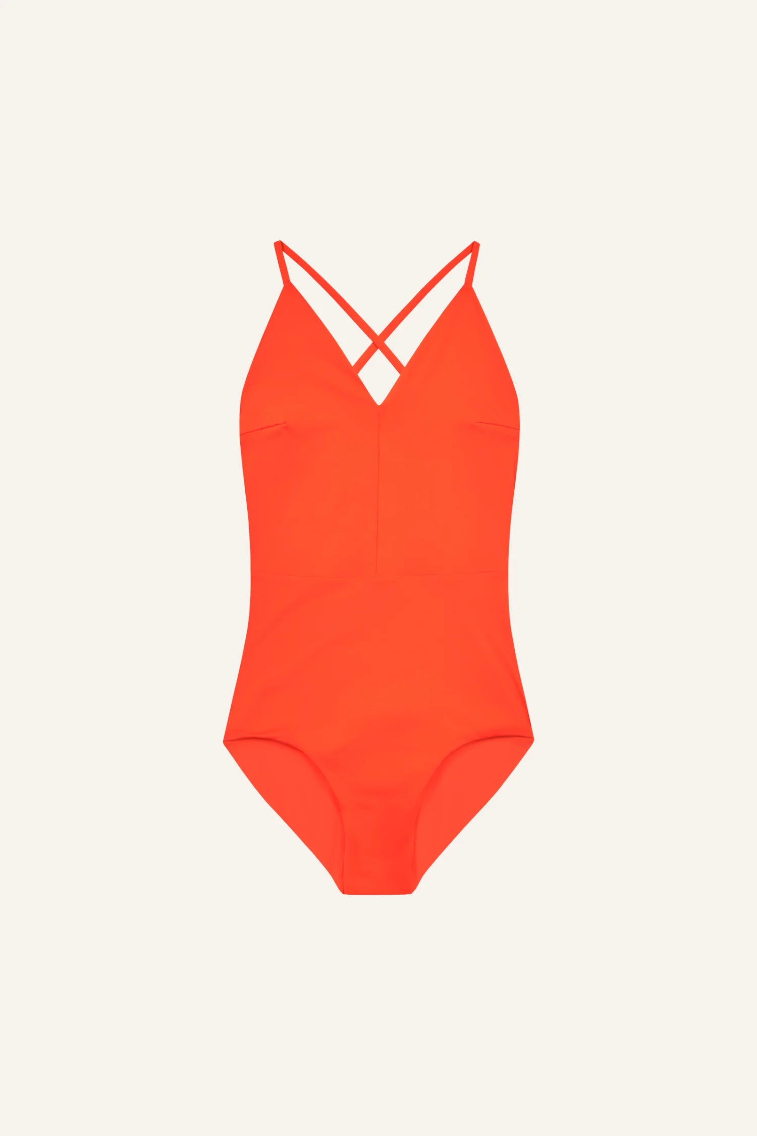 MYMARINI Einteiler-Badeanzug in leuchtendem Orange mit V-Ausschnitt und dünnen Kreuz-Trägern, Frontansicht.#color_poppy-macaron