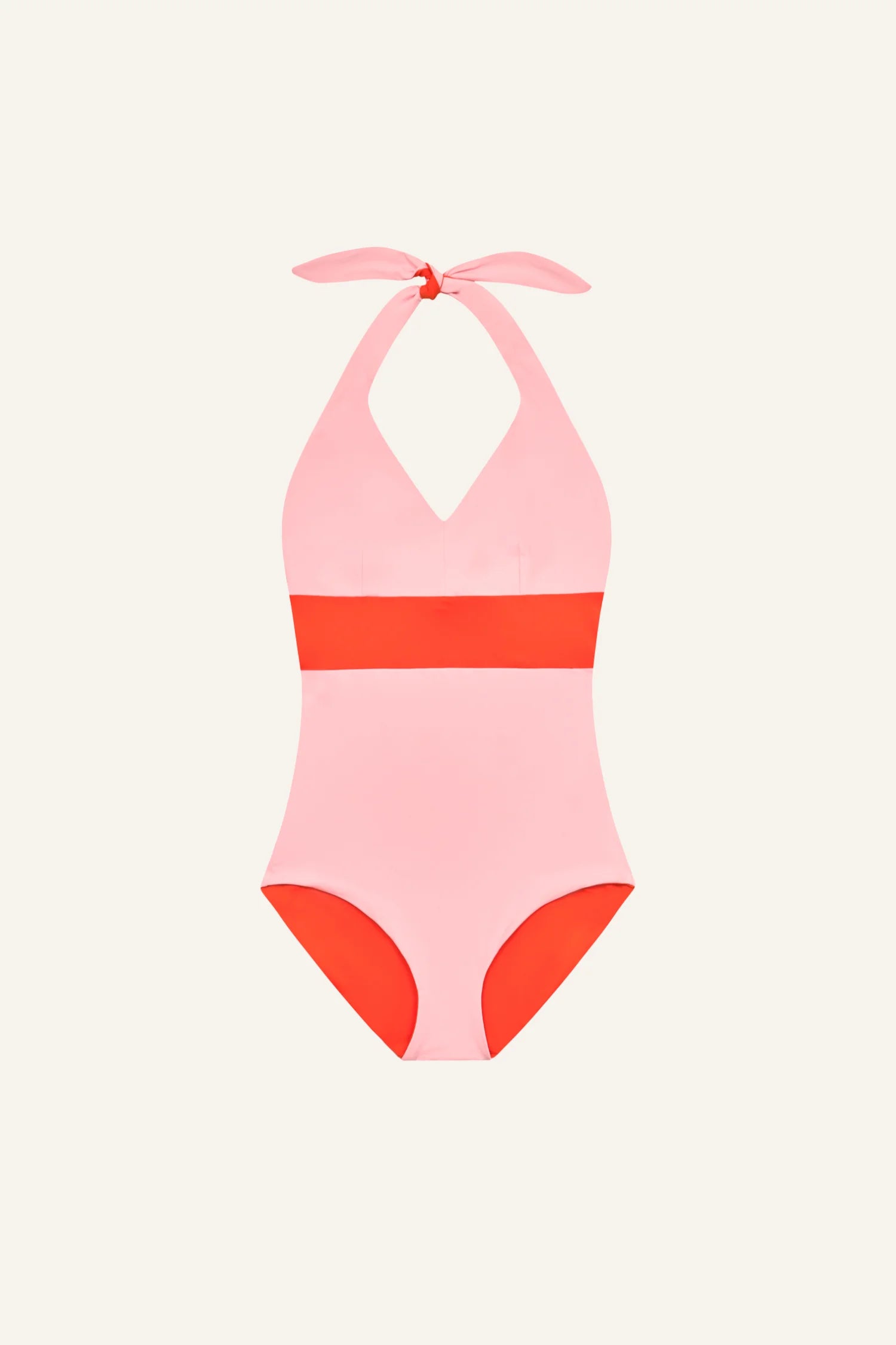 MYMARINI One-Piece-Badeanzug in hellrosa mit rotem Taillenband, Neckholder-Schnitt, klare, schlichte Optik.#color_poppy-macaron