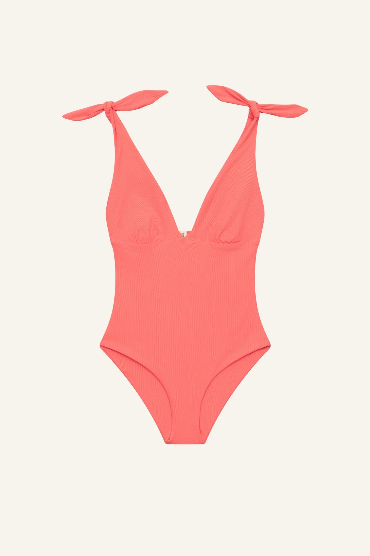 MYMARINI One-Piece-Badeanzug mit Neckholder und V-Ausschnitt, pink mit Schleifen an den Trägern.#color_sorbet