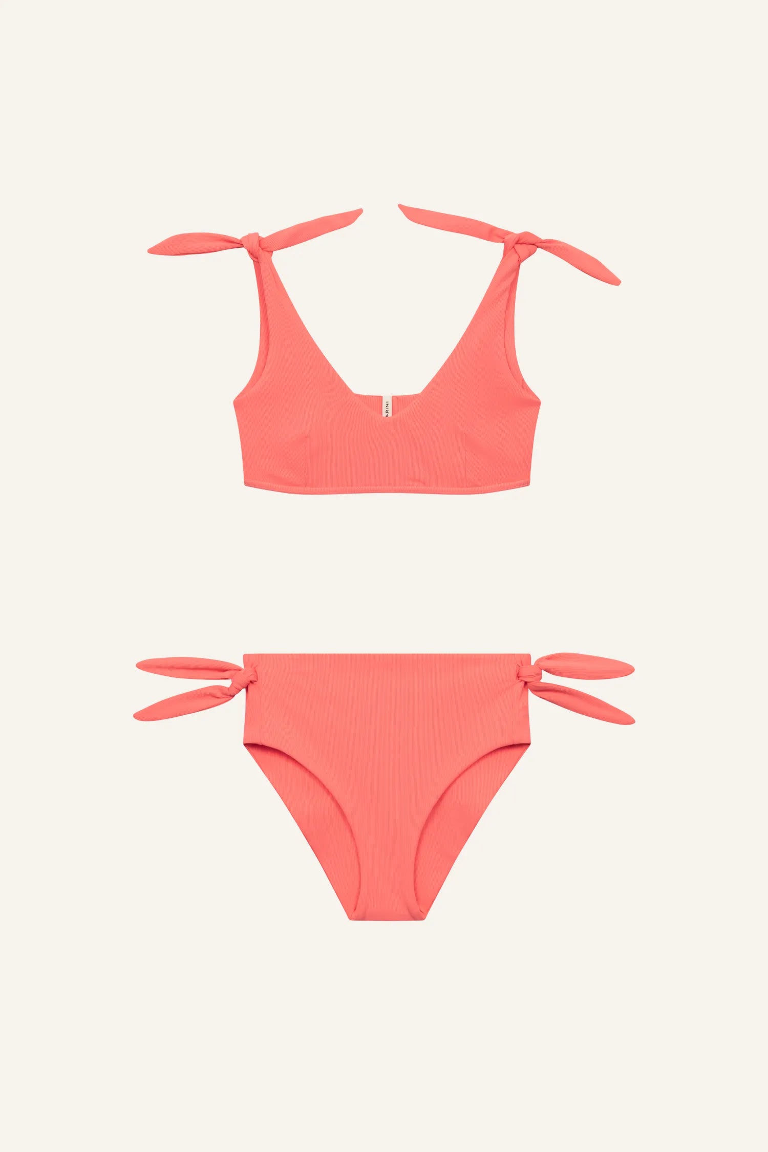 MYMARINI Bikinitop und Bikinihose in Korallfarbe, V-Ausschnitt mit Spaghettiträgern und hoher Taille.#color_sorbet