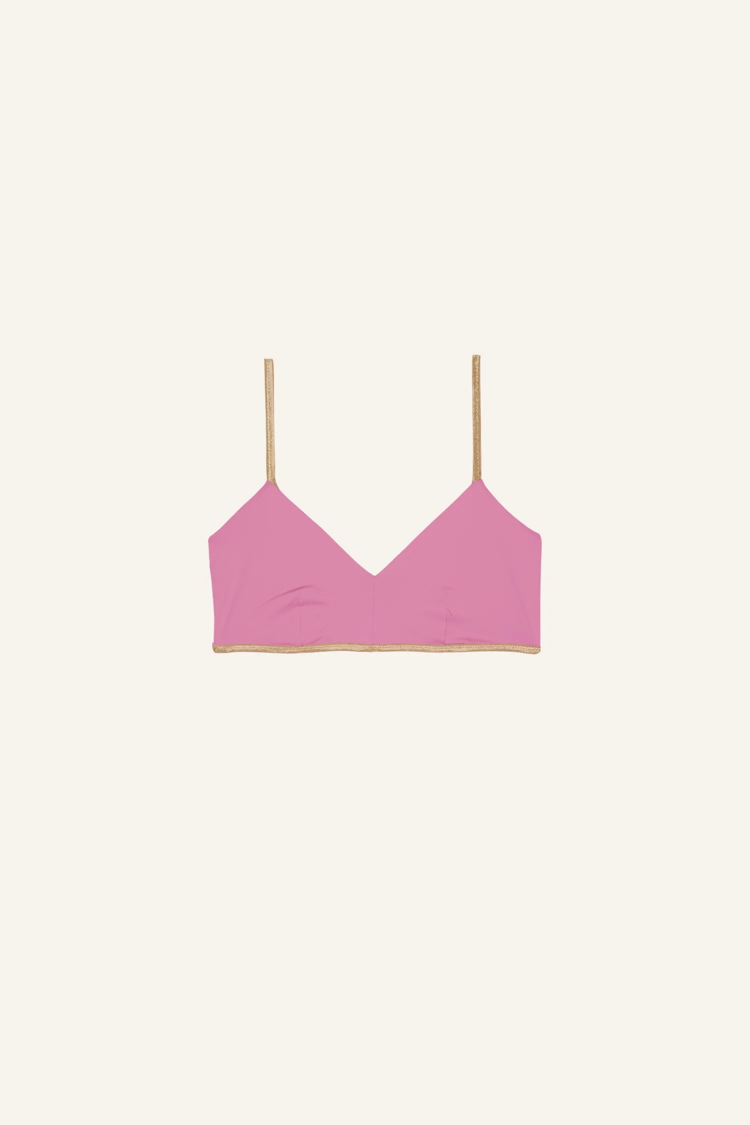 MYMARINI Bikinitop in Rosa mit V-Ausschnitt und Spaghettiträgern auf hellem Hintergrund.#color_bronze-orchid