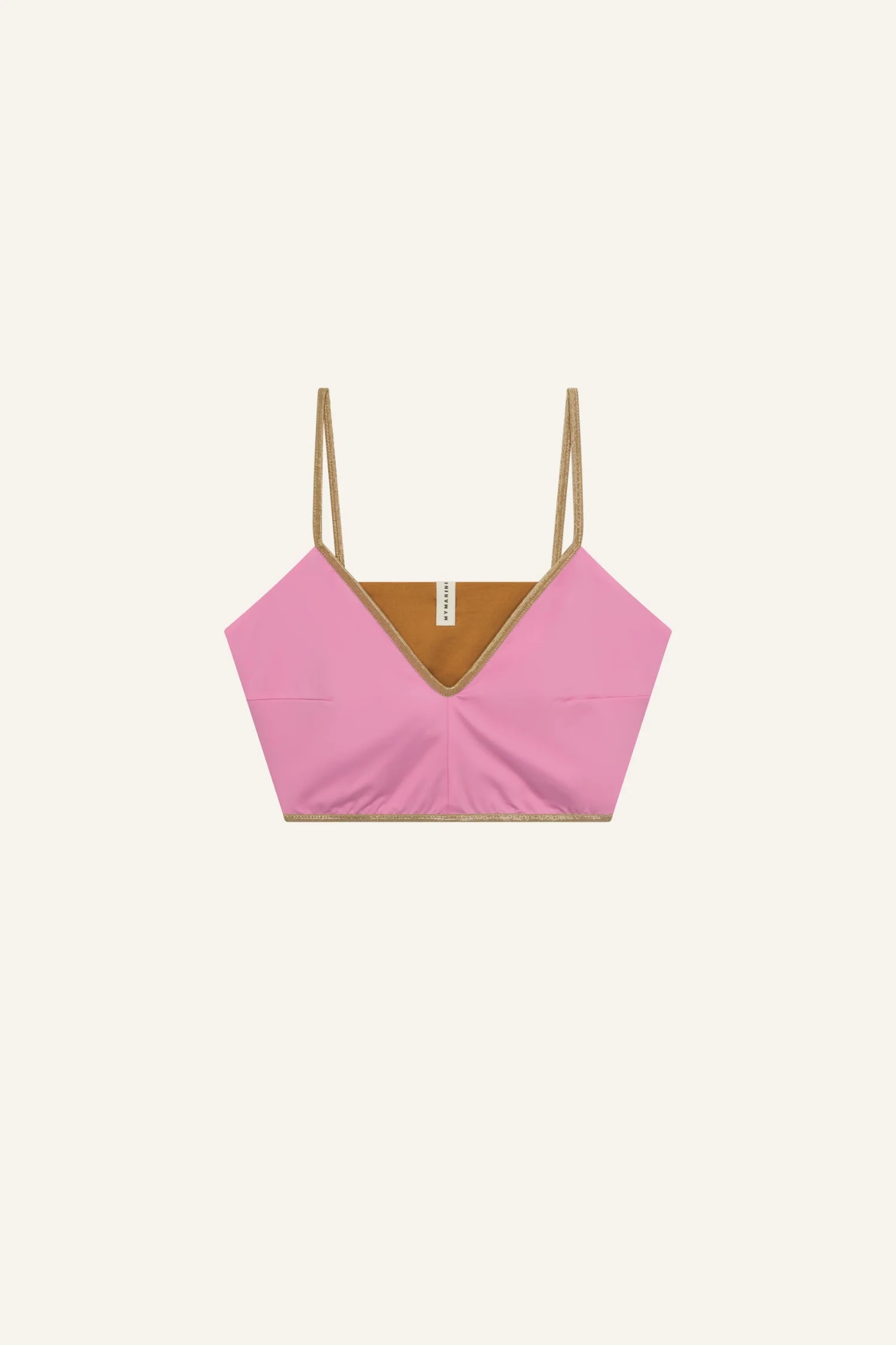 Rosa MYMARINI Bikinitop mit V-Ausschnitt und Spaghettiträgern vor hellem Hintergrund.#color_bronze-orchid