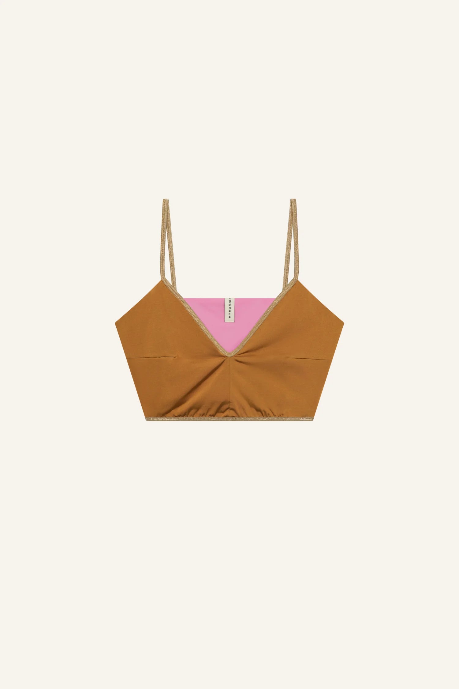 MYMARINI Bikinitop mit V-Ausschnitt und Spaghettiträgern in Braun und Rosa auf hellem Hintergrund.#color_bronze-orchid