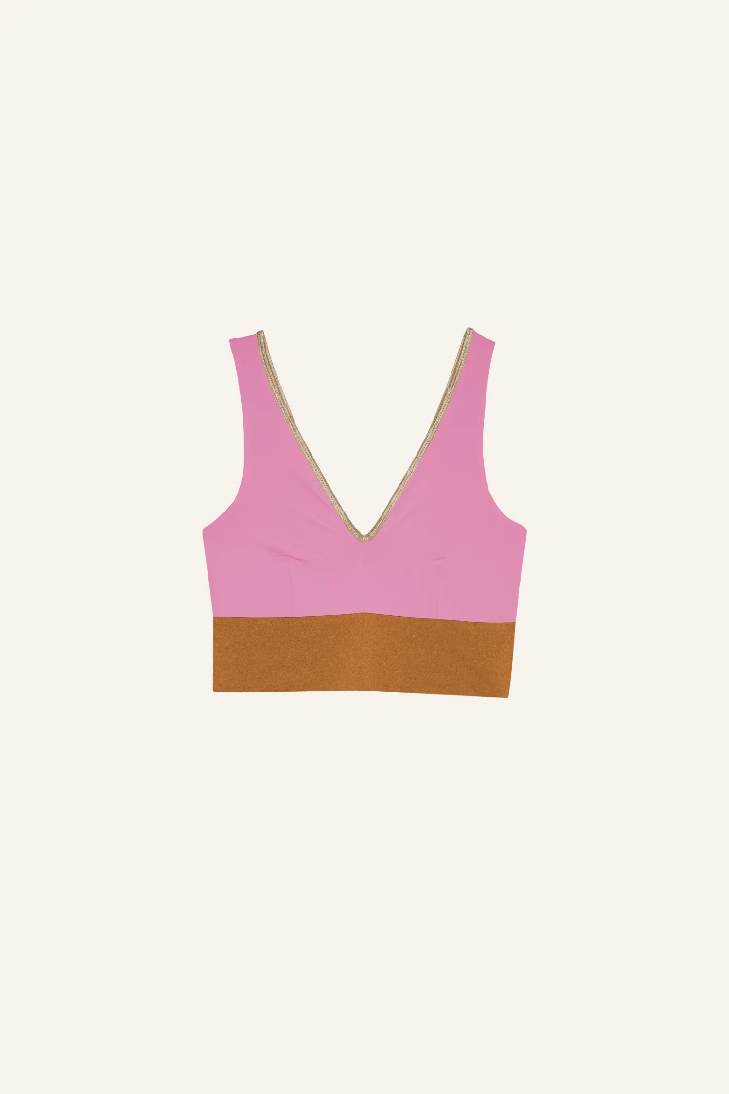 MYMARINI Bikinitop in Rosa und Braun mit V-Ausschnitt und breiten Trägern vor hellem Hintergrund.#color_bronze-orchid