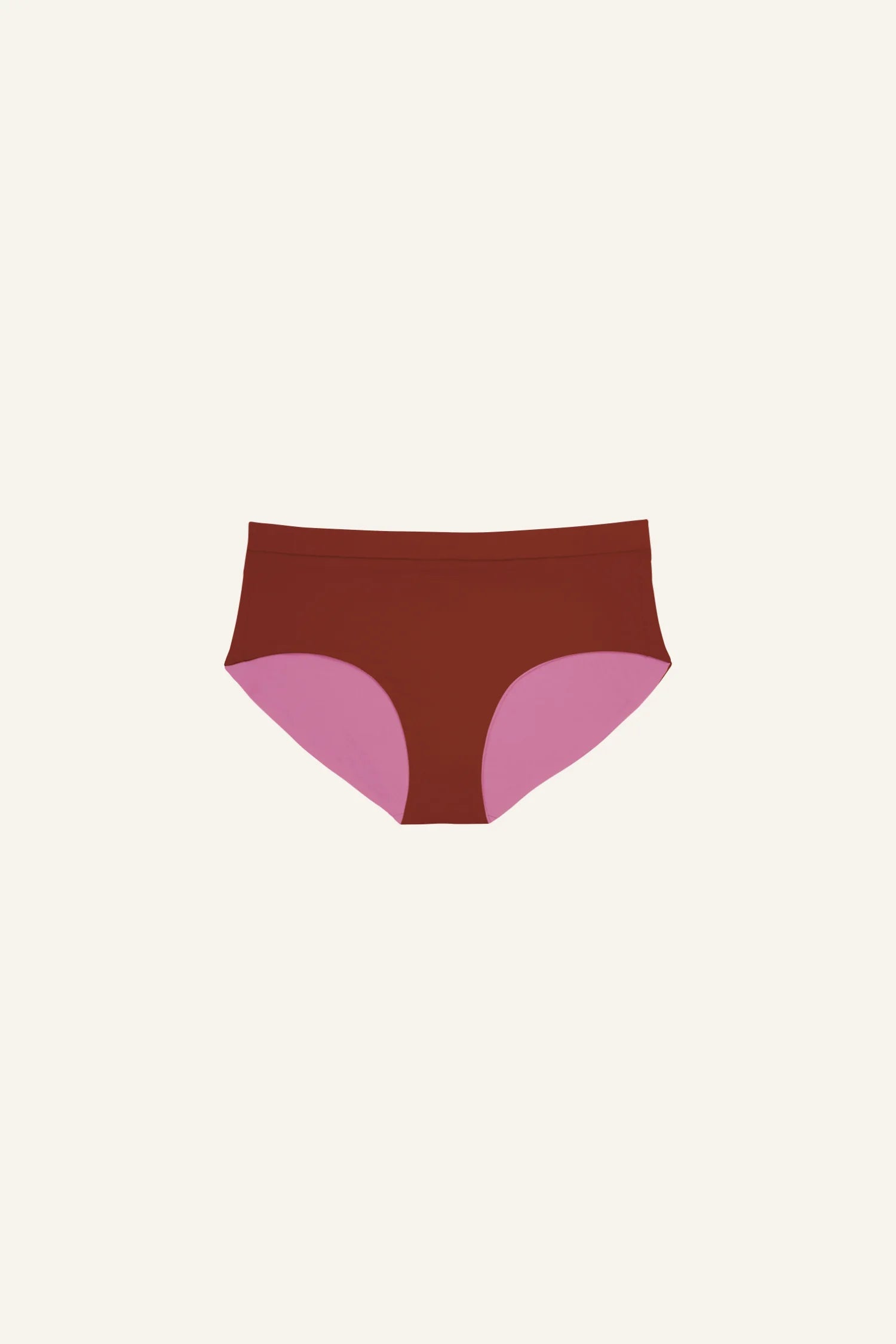 MYMARINI Bikinihose in Rot mit rosa Details, hoher Beinausschnitt, auf hellem Hintergrund.#color_sienna-orchid