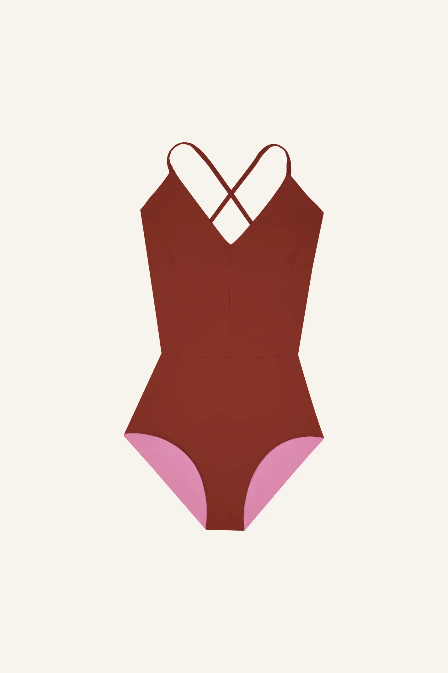 MYMARINI Badeanzug mit V-Ausschnitt und Cross-Top-Trägern in Braun und Rosa.#color_sienna-orchid