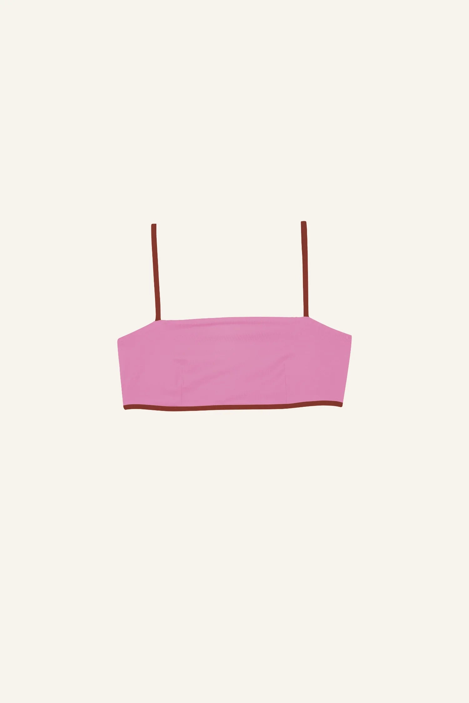 MYMARINI Bikinitop in Rosa mit braunen Spaghettiträgern und geradem Schnitt vor hellem Hintergrund.#color_sienna-orchid