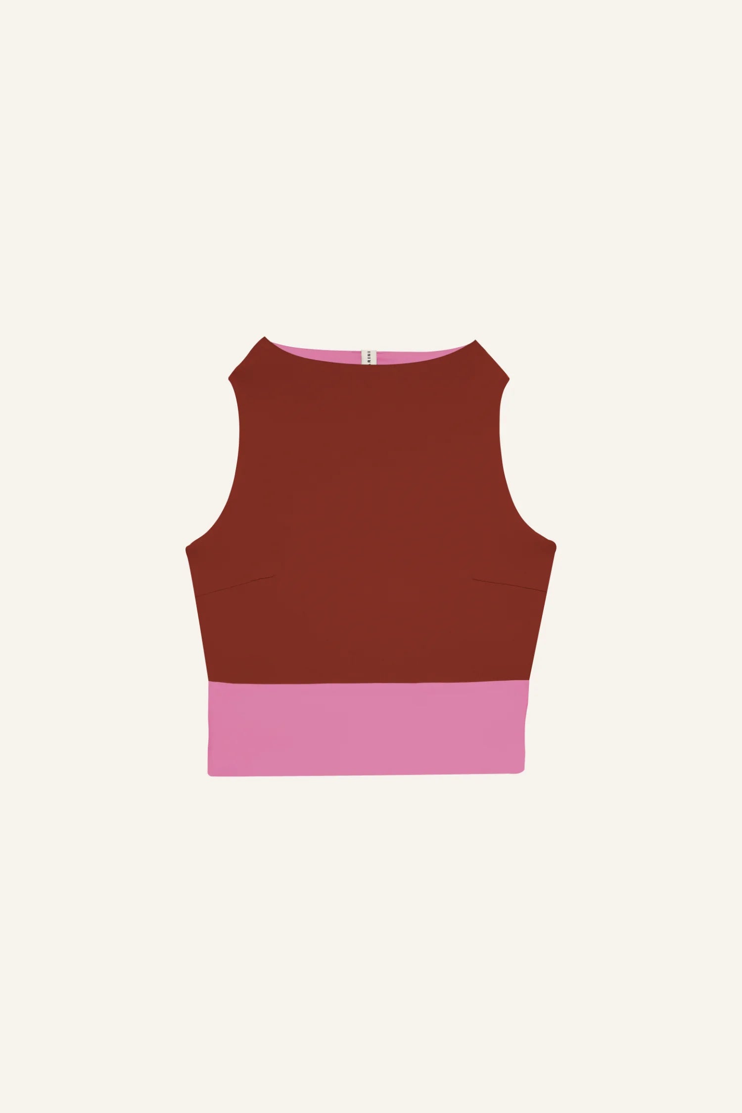 Ärmelloses MYMARINI-Top in Rot mit rosa Bund, hoch geschlossen.#color_sienna-orchid
