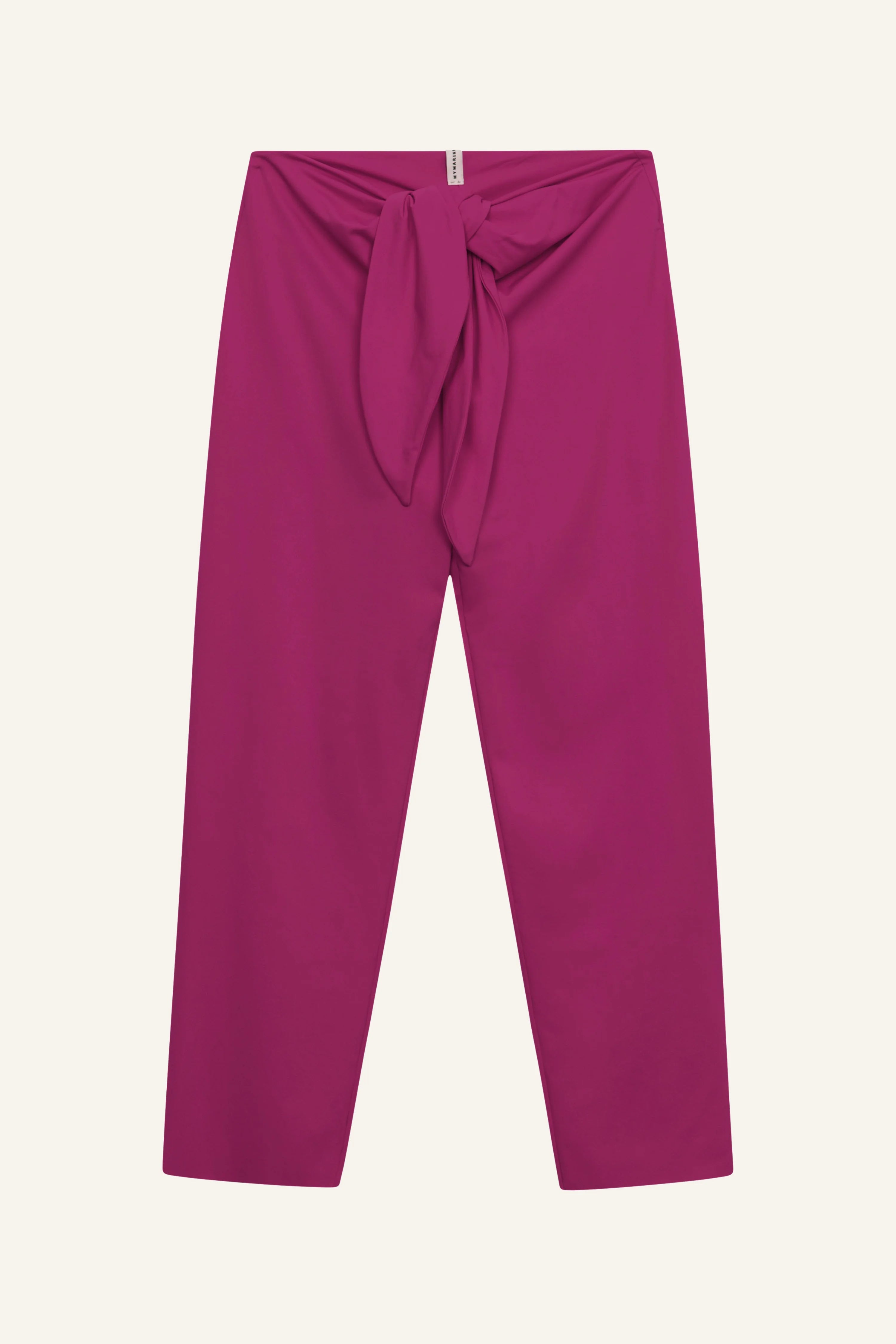 Fuchsiafarbene MYMARINI-Hose mit hohem Bund und Knoten-Detail vorne, auf hellem Hintergrund.#color_hortensia