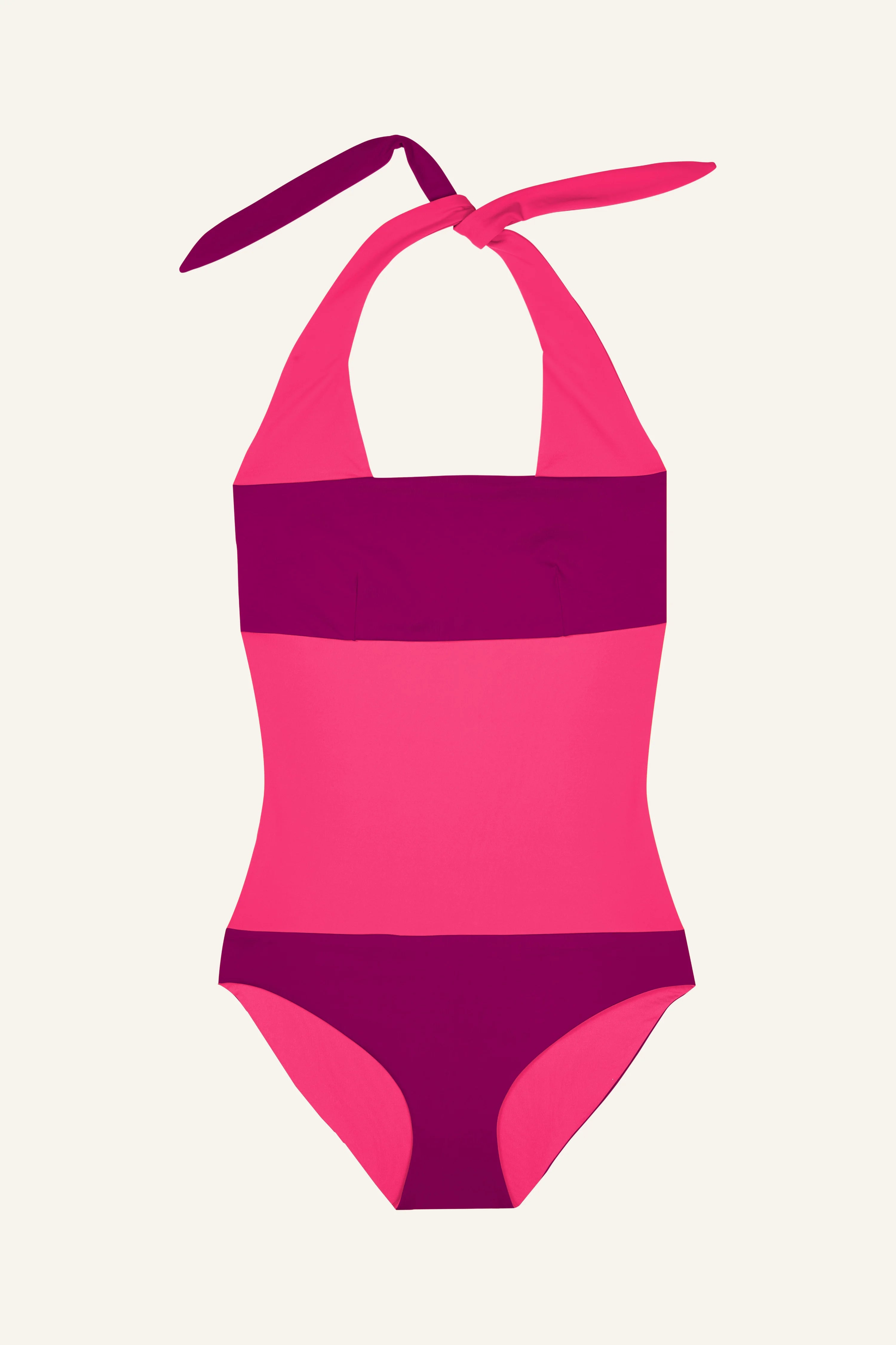 MYMARINI Badeanzug in Pink und Lila mit Neckholder und hohem Beinausschnitt auf hellem Hintergrund.#color_pink-hortensia