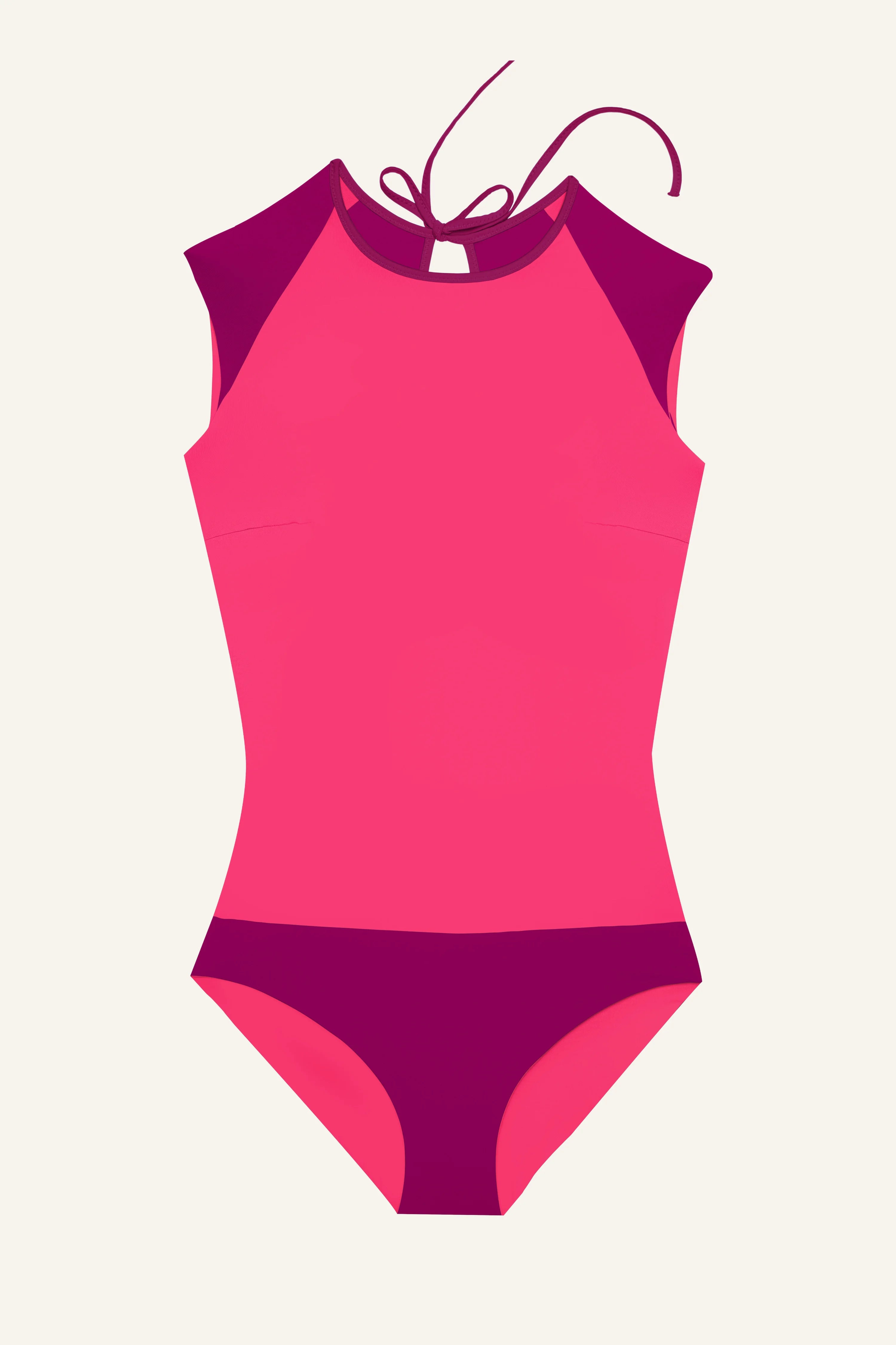 Ärmelloser MYMARINI Badeanzug in Pink mit hochgeschlossenem Schnitt und Rückenschleife.#color_pink-hortensia
