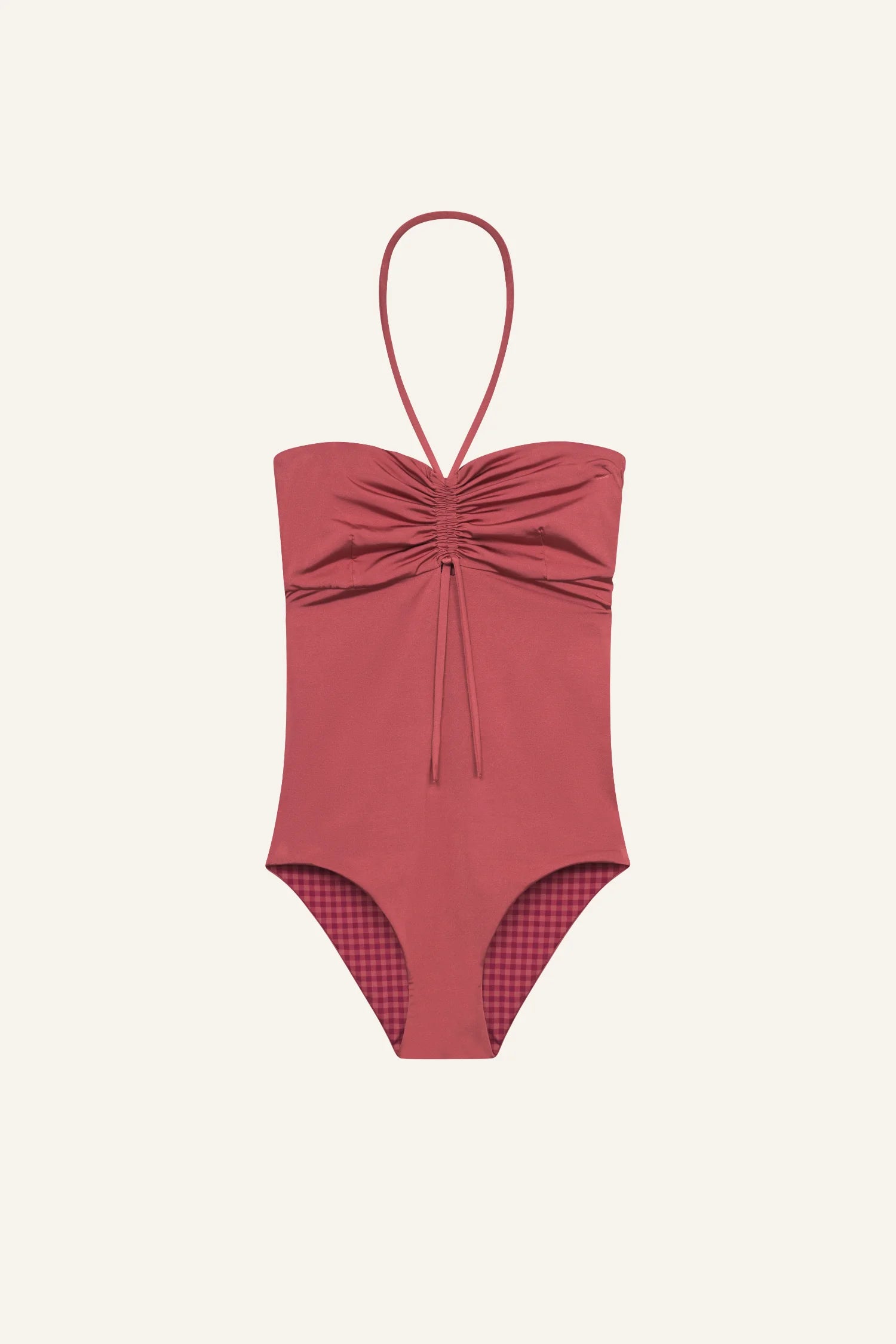 MYMARINI One-Piece Badeanzug mit zentraler Raffung, halterförmige Träger; roter Farbton, kariertes Futter an den Beinöffnungen.#color_rouge-vichy