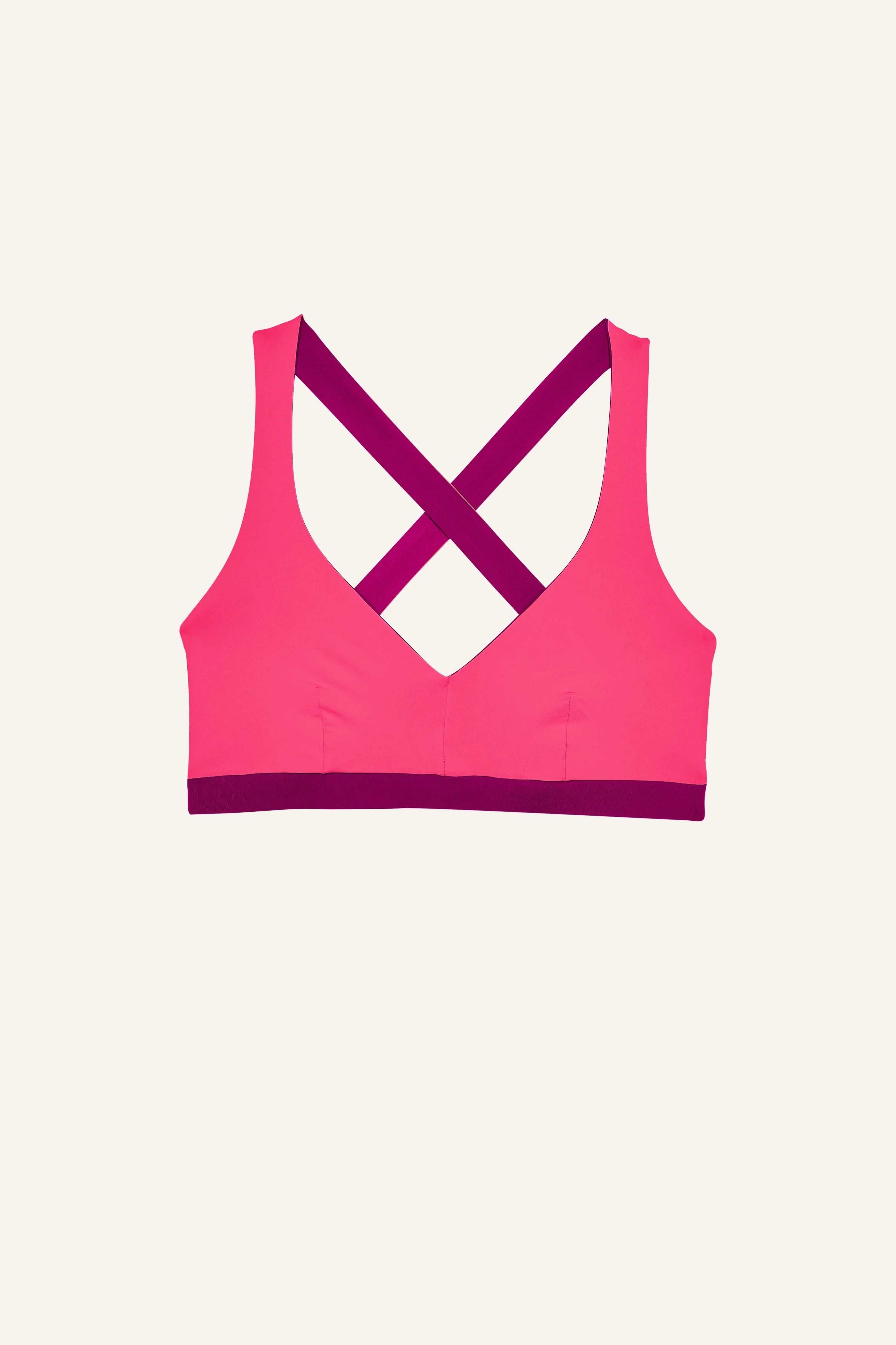 MYMARINI Bikinitop in Pink mit überkreuzten Trägern auf der Rückseite, hoch geschlossen.#color_pink-hortensia